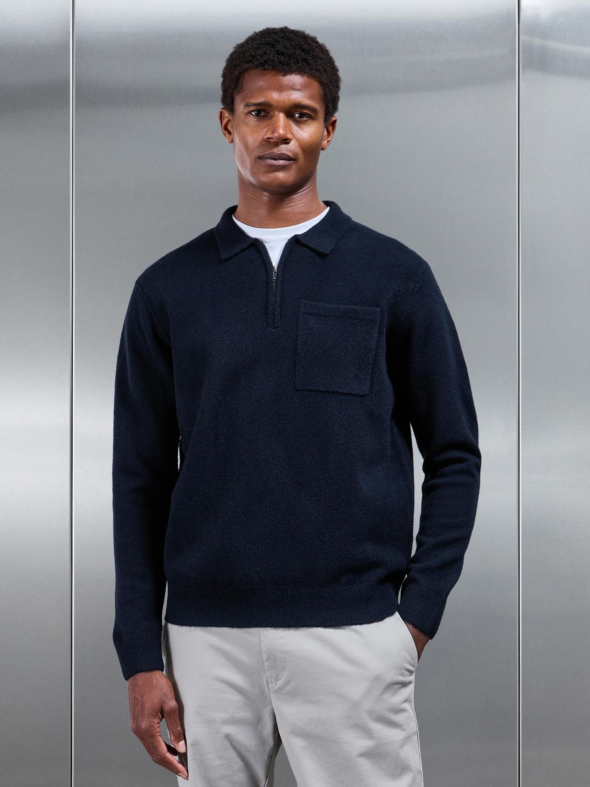 Chunky Wool Zip Polo Shirt in Navy