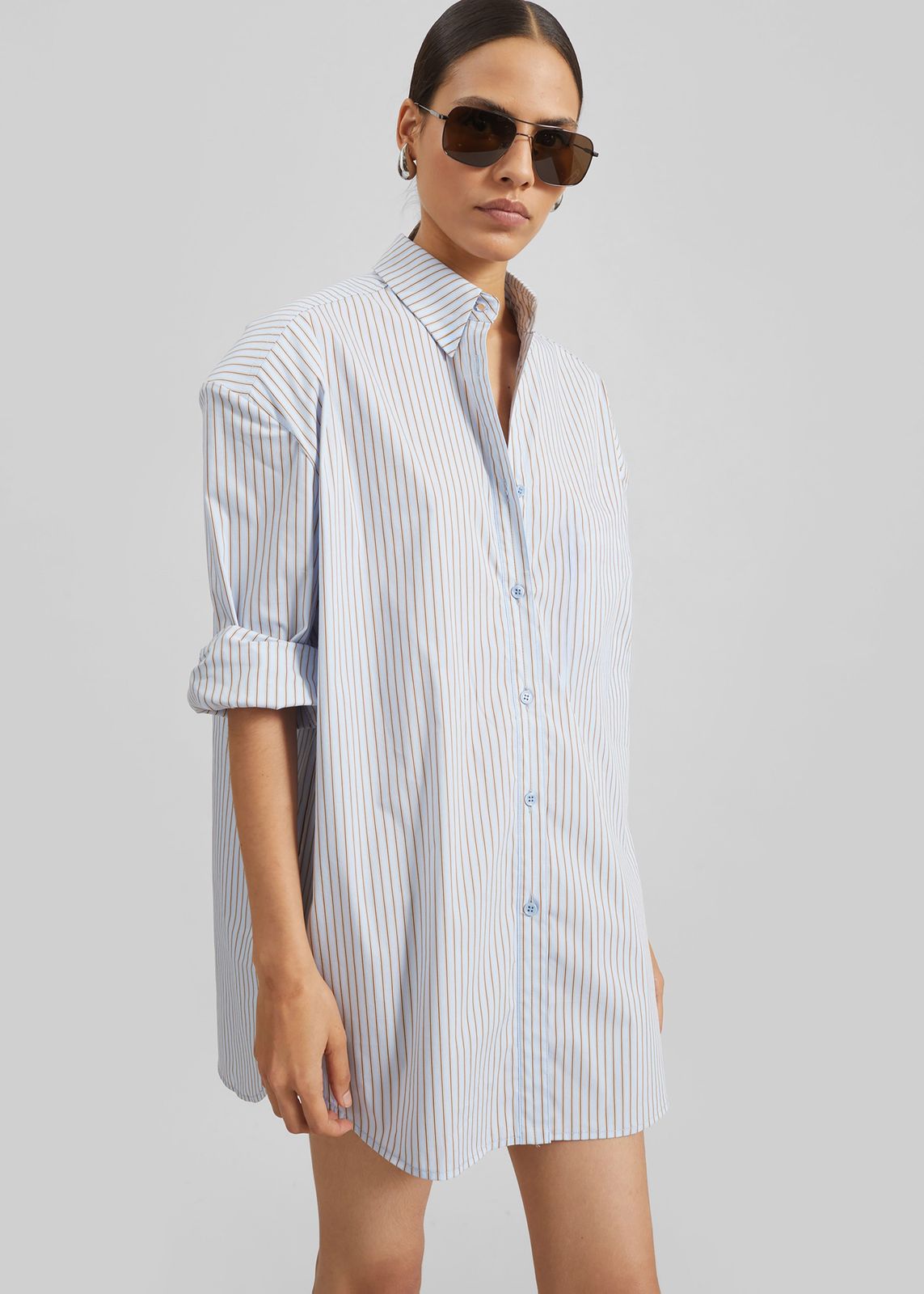 Oana Cotton Padded Shirt - Light Blue/Brown Stripe
