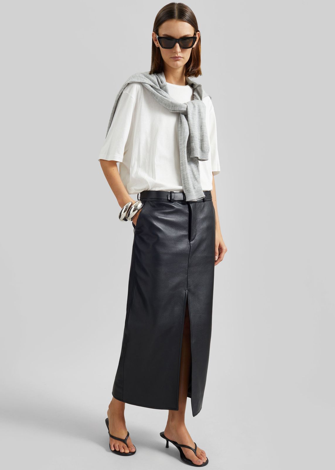 Maybelle Faux Leather Front Slit Pencil Skirt - Black