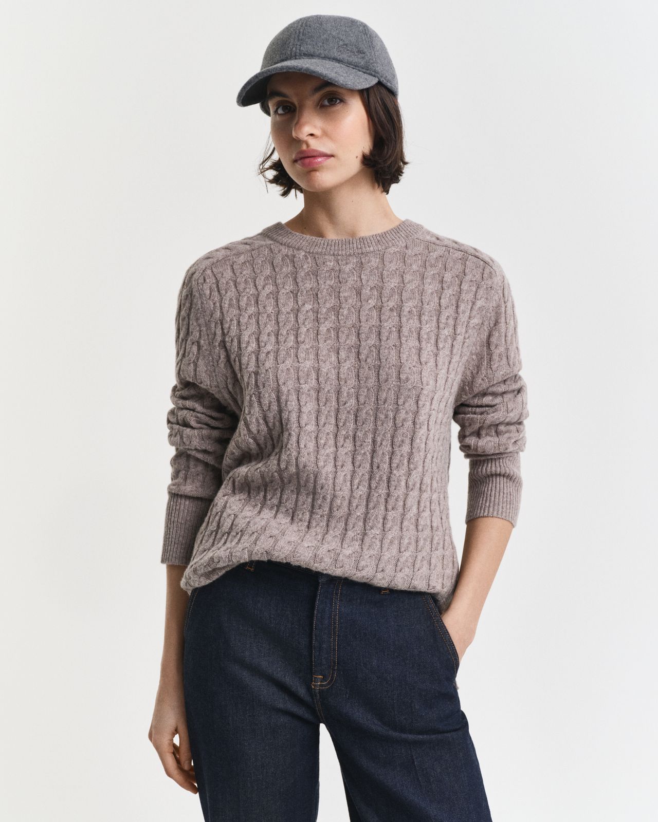 Wool Cashmere Cable Knit Sweater - BROWN MELANGE