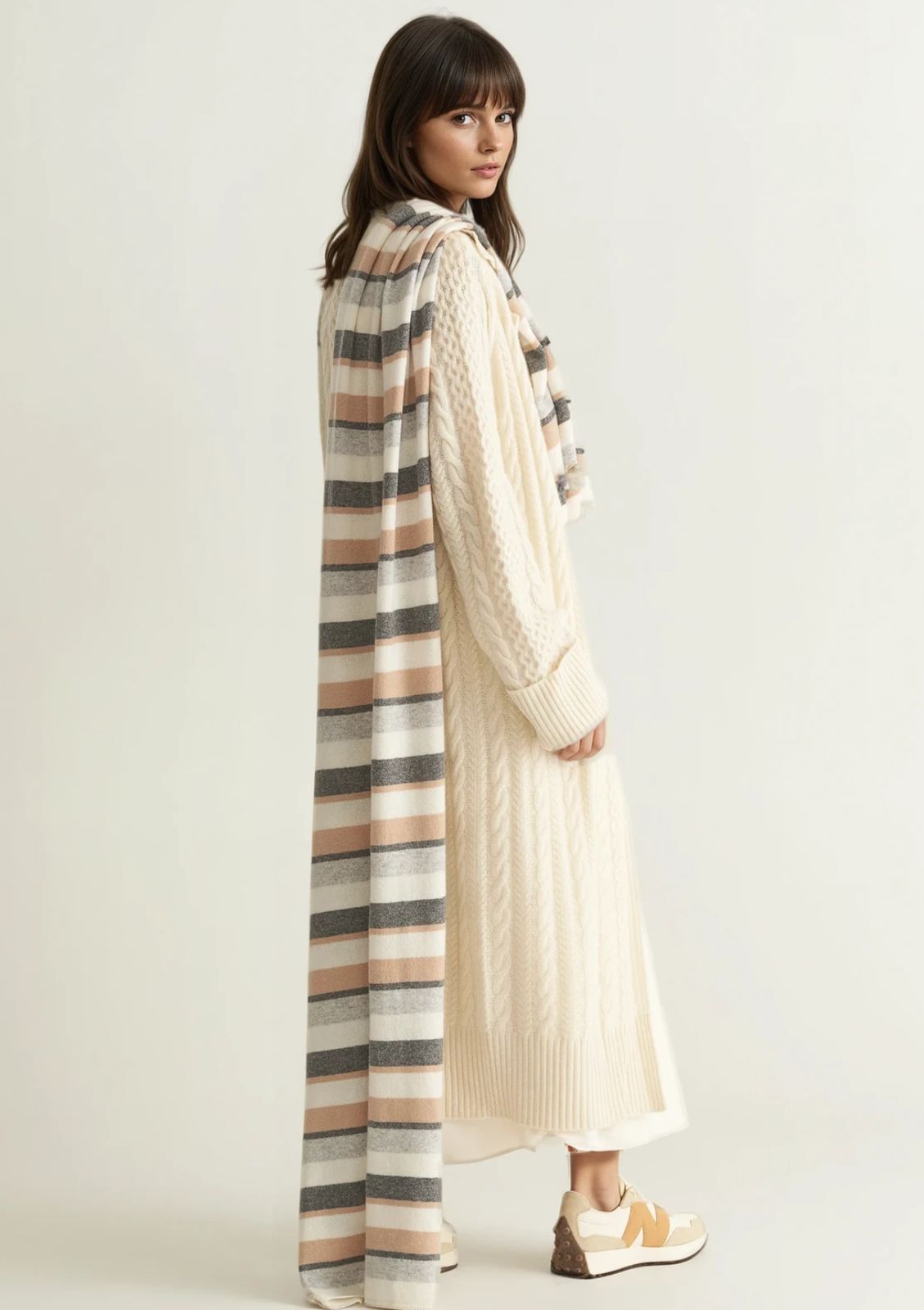 Cashmere Lofty Blanket Scarf In Natural Stripe