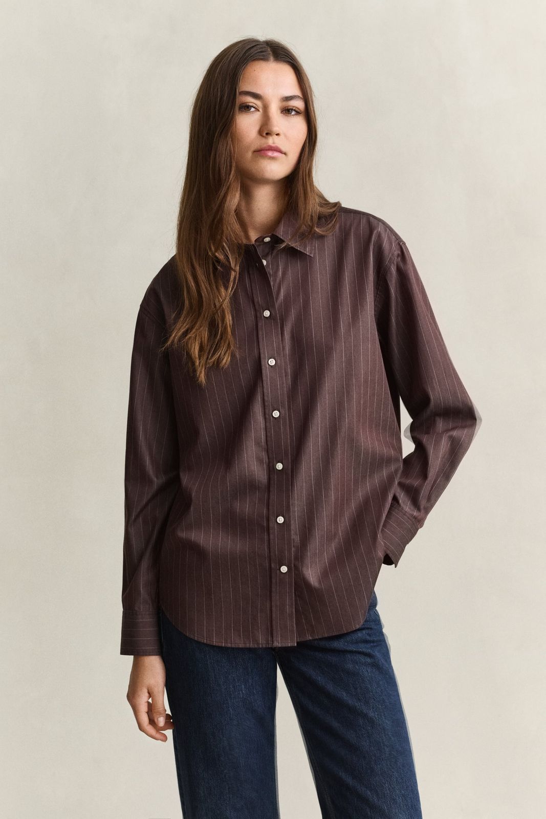 Relaxed Striped Poplin Shirt - DEEP BROWN