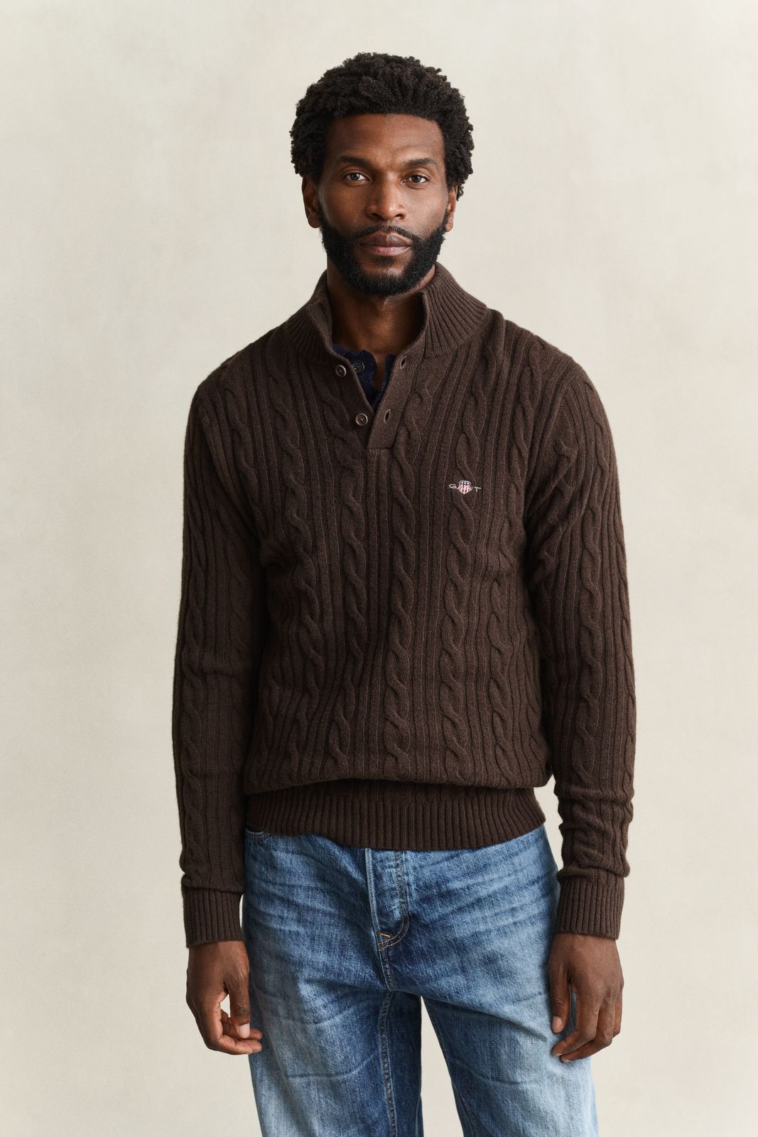 Lambswool Cable Knit Half-Buttoned Sweater - EVENING BLUE