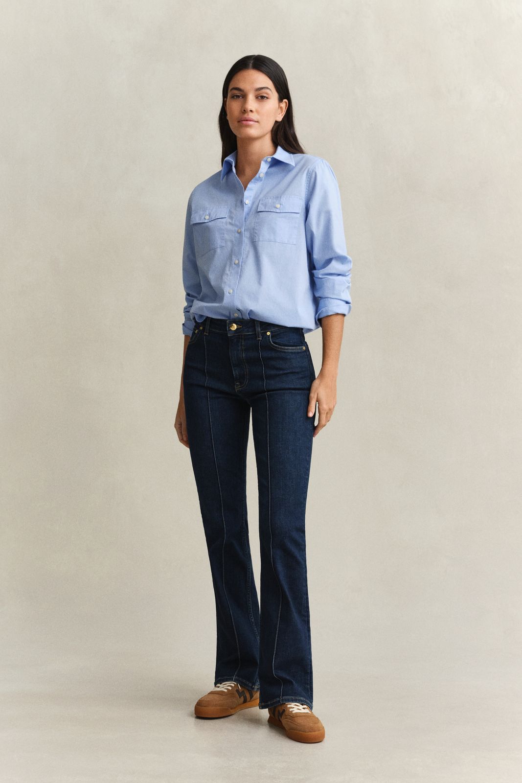 Slim Flared Pintuck Jeans - DARK BLUE BROKEN IN