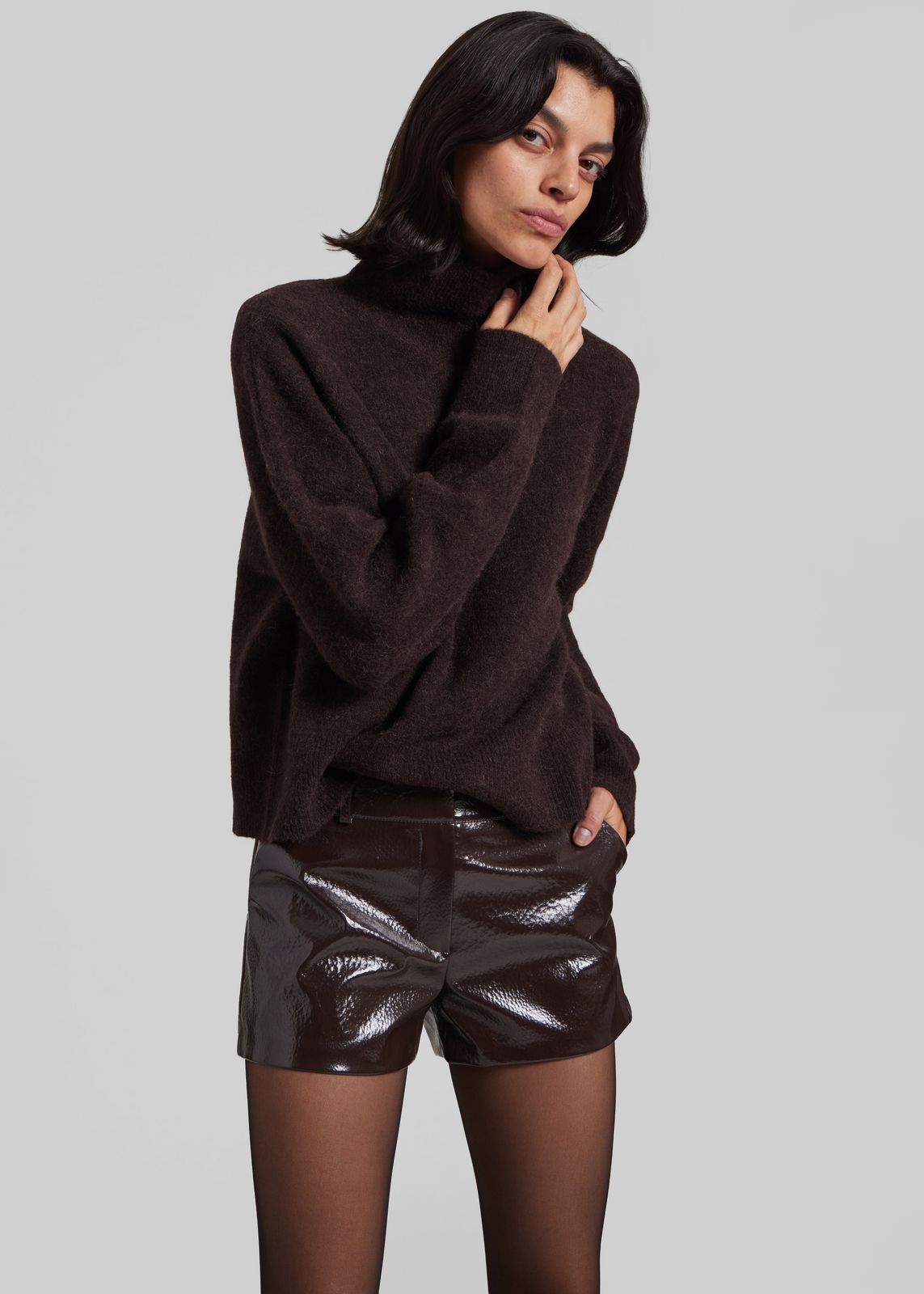 Kate Crackled Faux Leather Mini Shorts - Brown