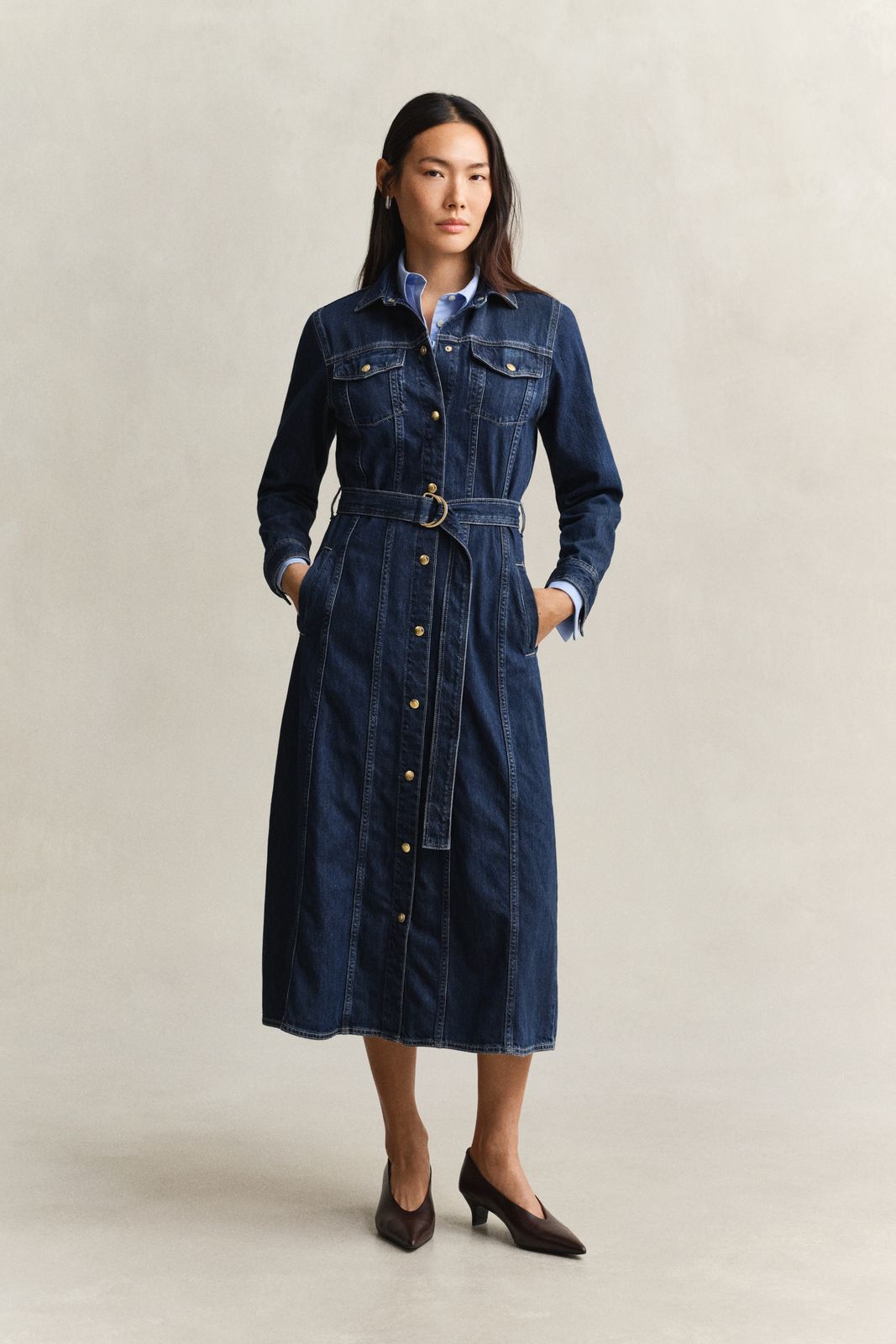Belted Denim Midi Dress - DARK BLUE WORN IN