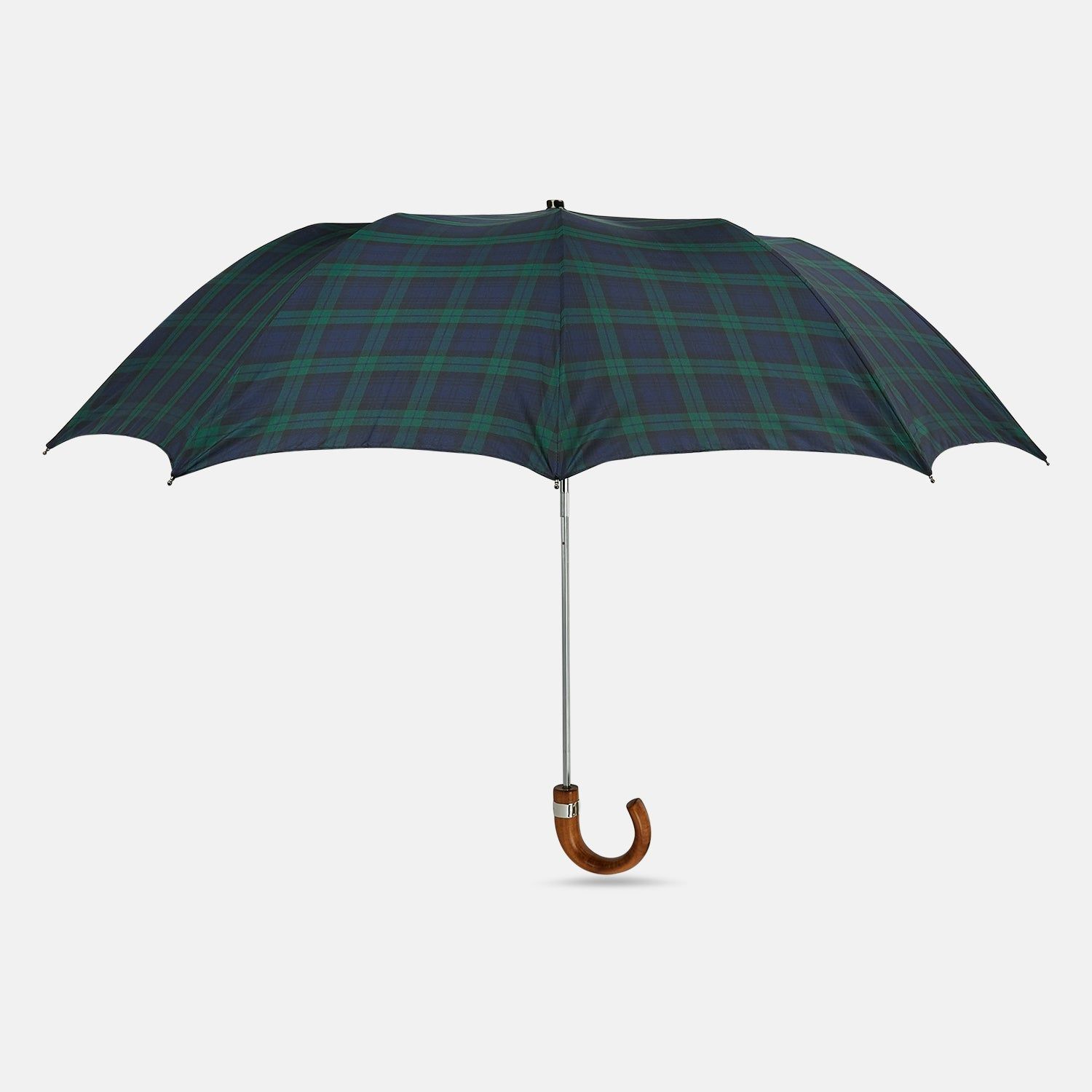 Black Watch Tartan Telescopic Umbrella With Whangee Crook Handle