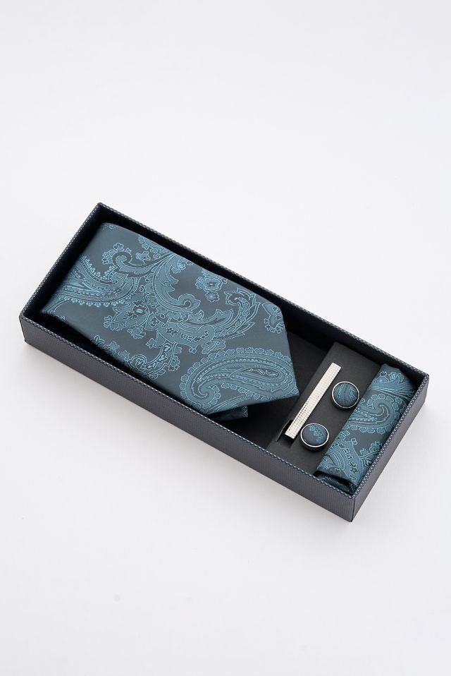Teal Paisley Tie Set With Tie Bar & Cufflinks