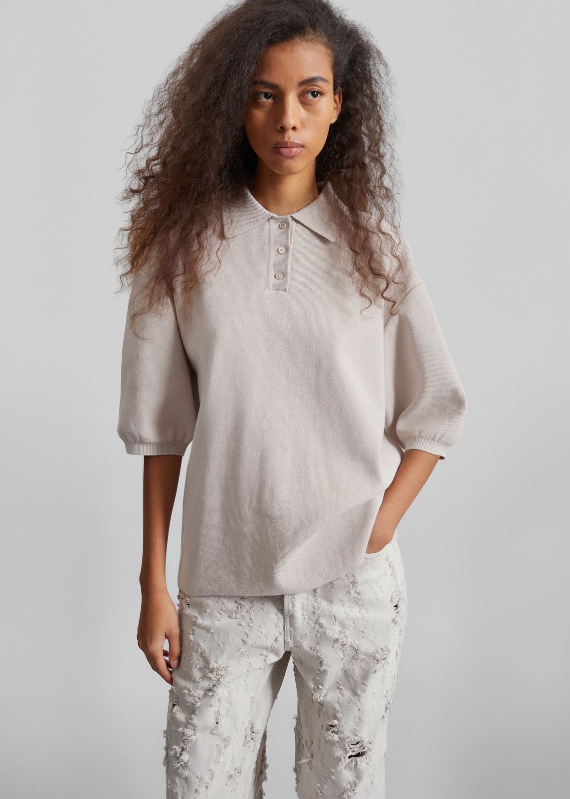 Nola Knit Polo Top - Slate Grey