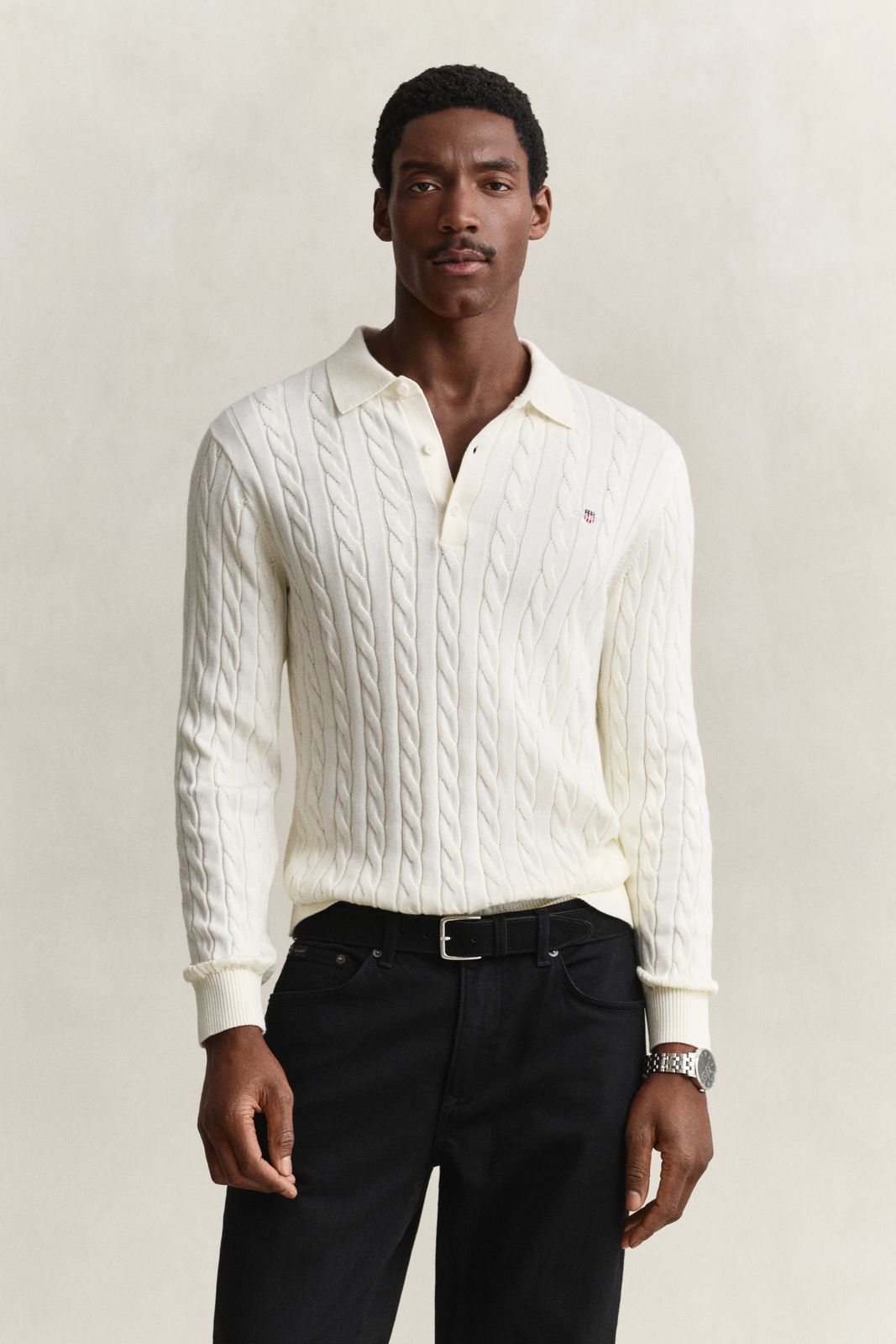 Cotton Cable Knit Polo Sweater - SOFT GREEN MELANGE