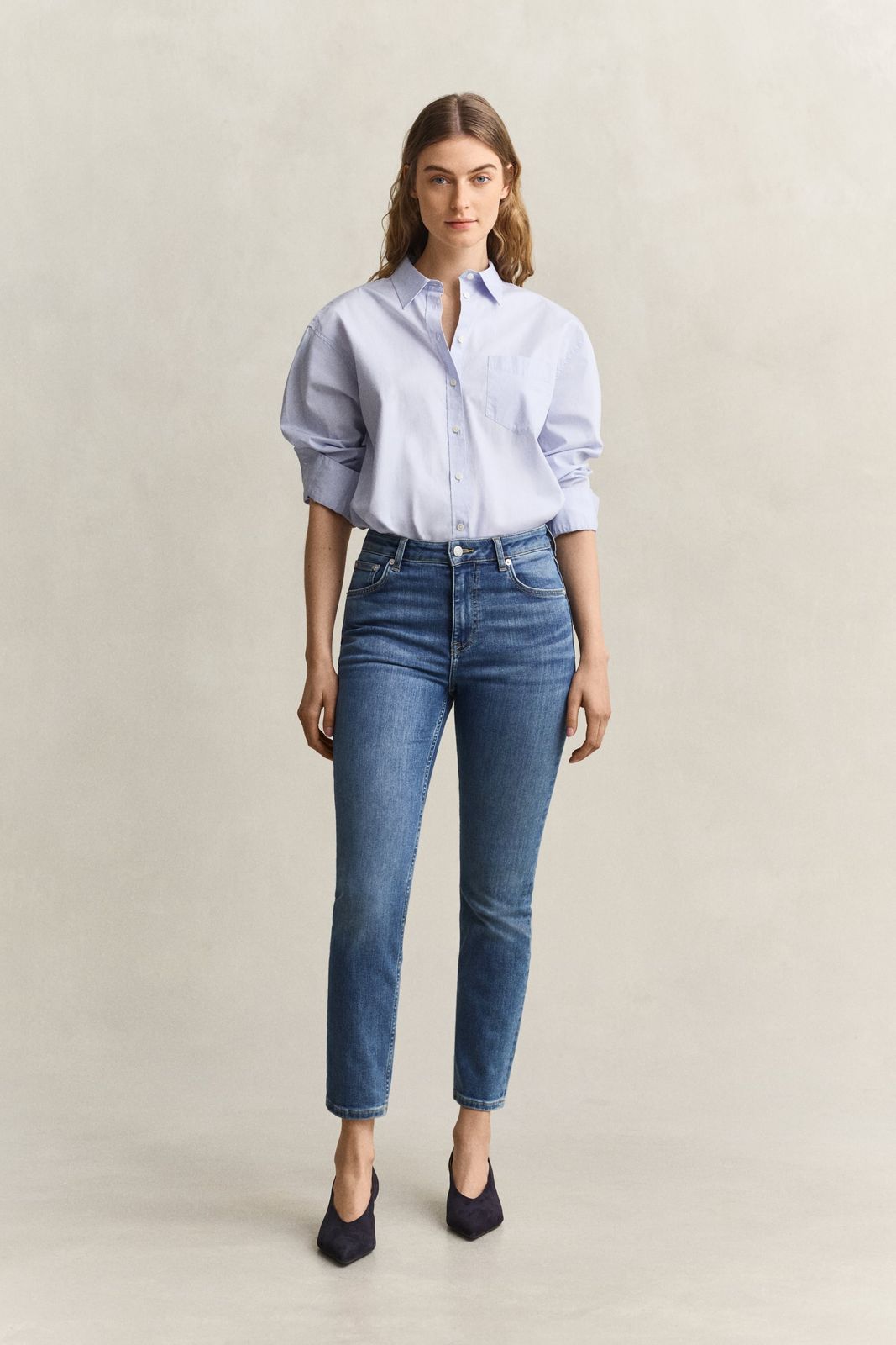 Cropped Stretch Jeans - MID BLUE BROKEN IN
