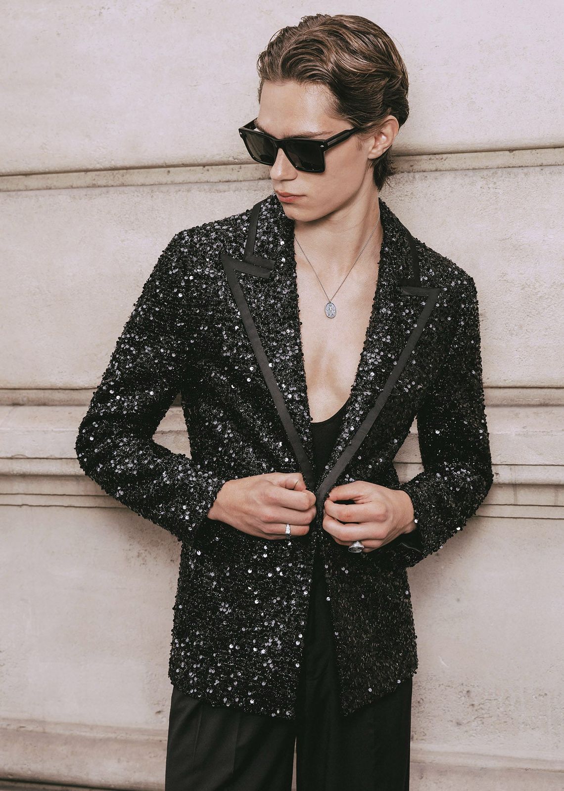 Black Sequin With Satin Trim Lapel Blazer