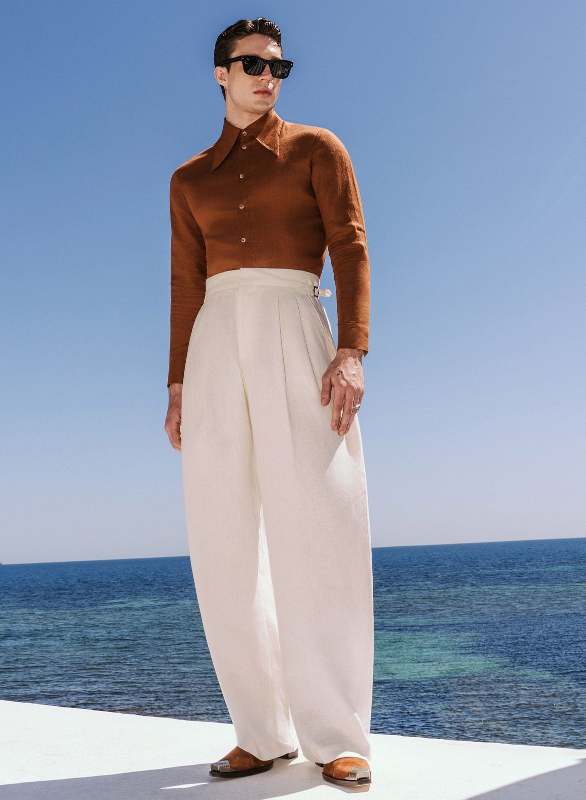 White Barrel Leg High Waisted Side Buckle Pure Linen Trousers
