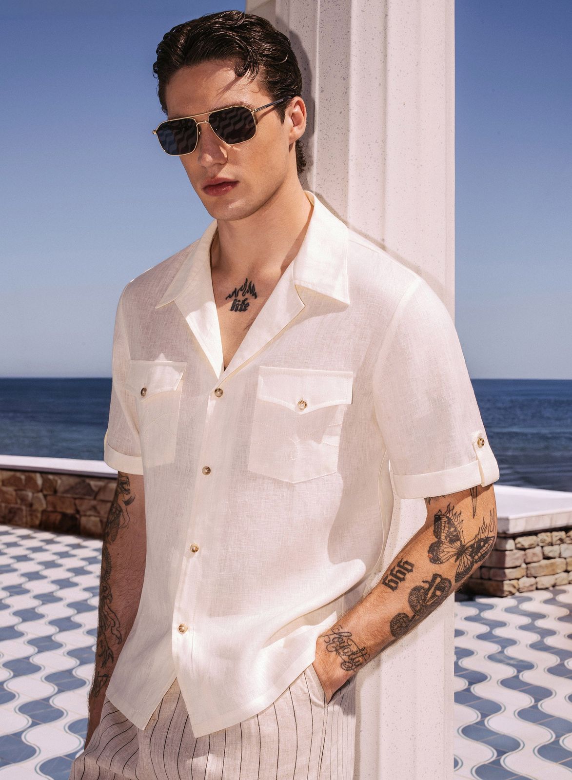 White Pure Linen Double Pocket Cuban Shirt