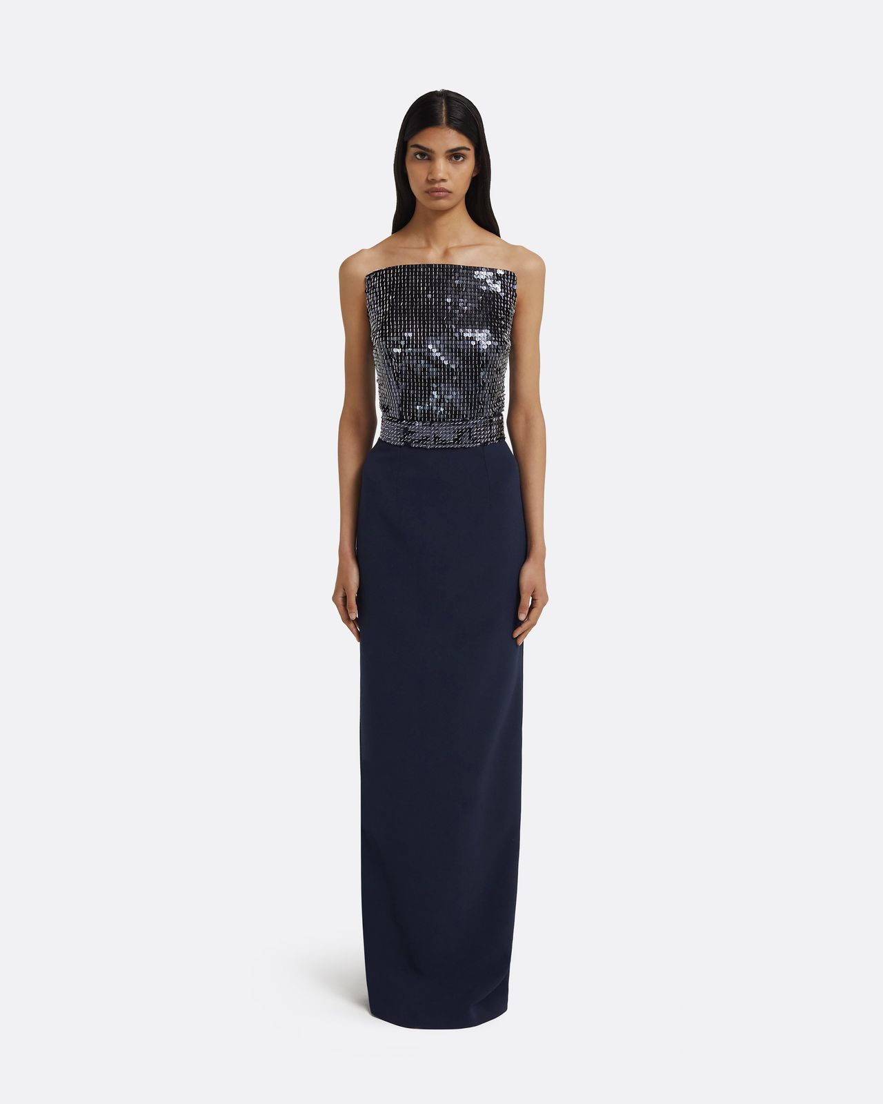 Amory Long Dress in Navy & Silver on Maritime Blue