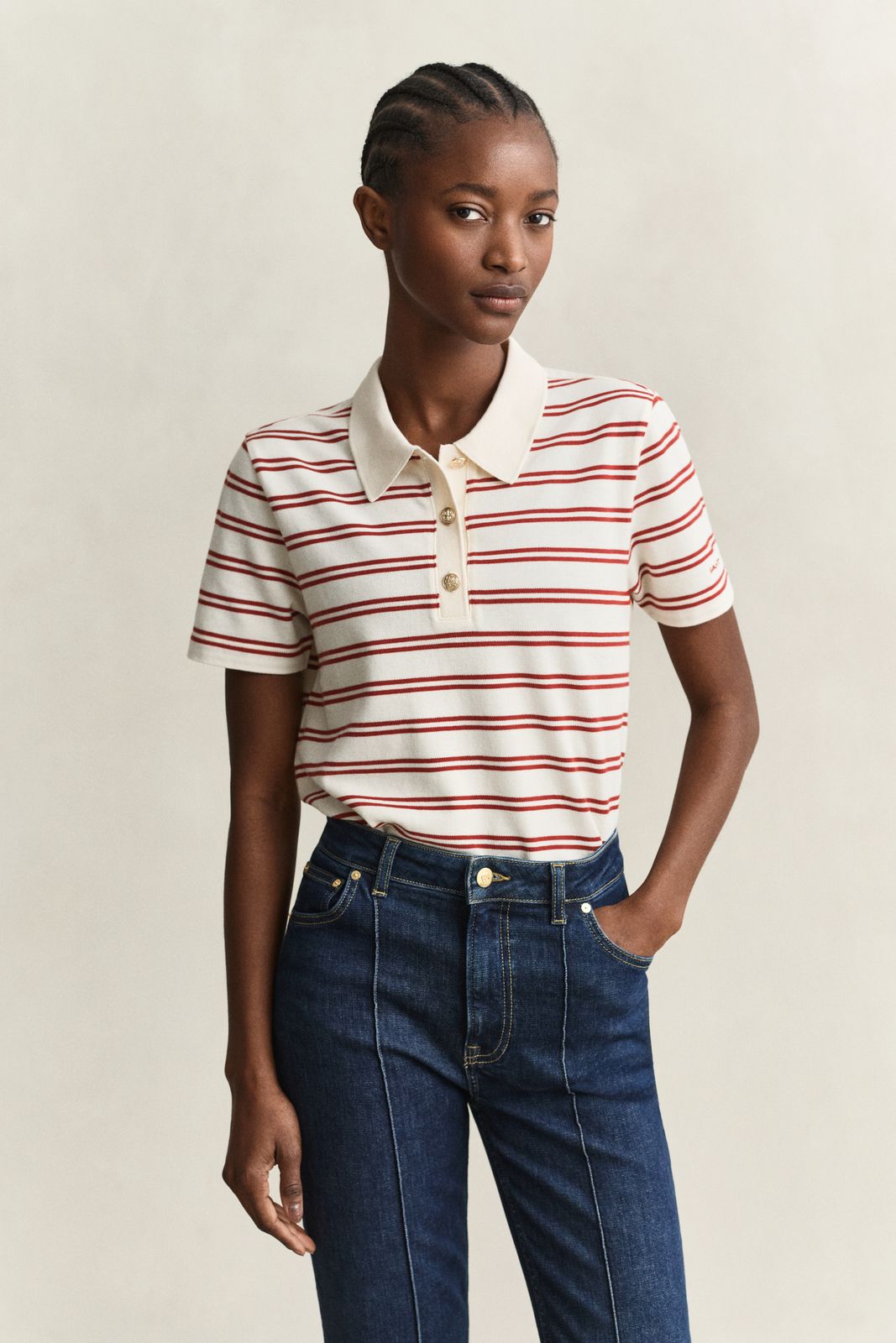 Striped Piqué Polo Top - EVENING BLUE