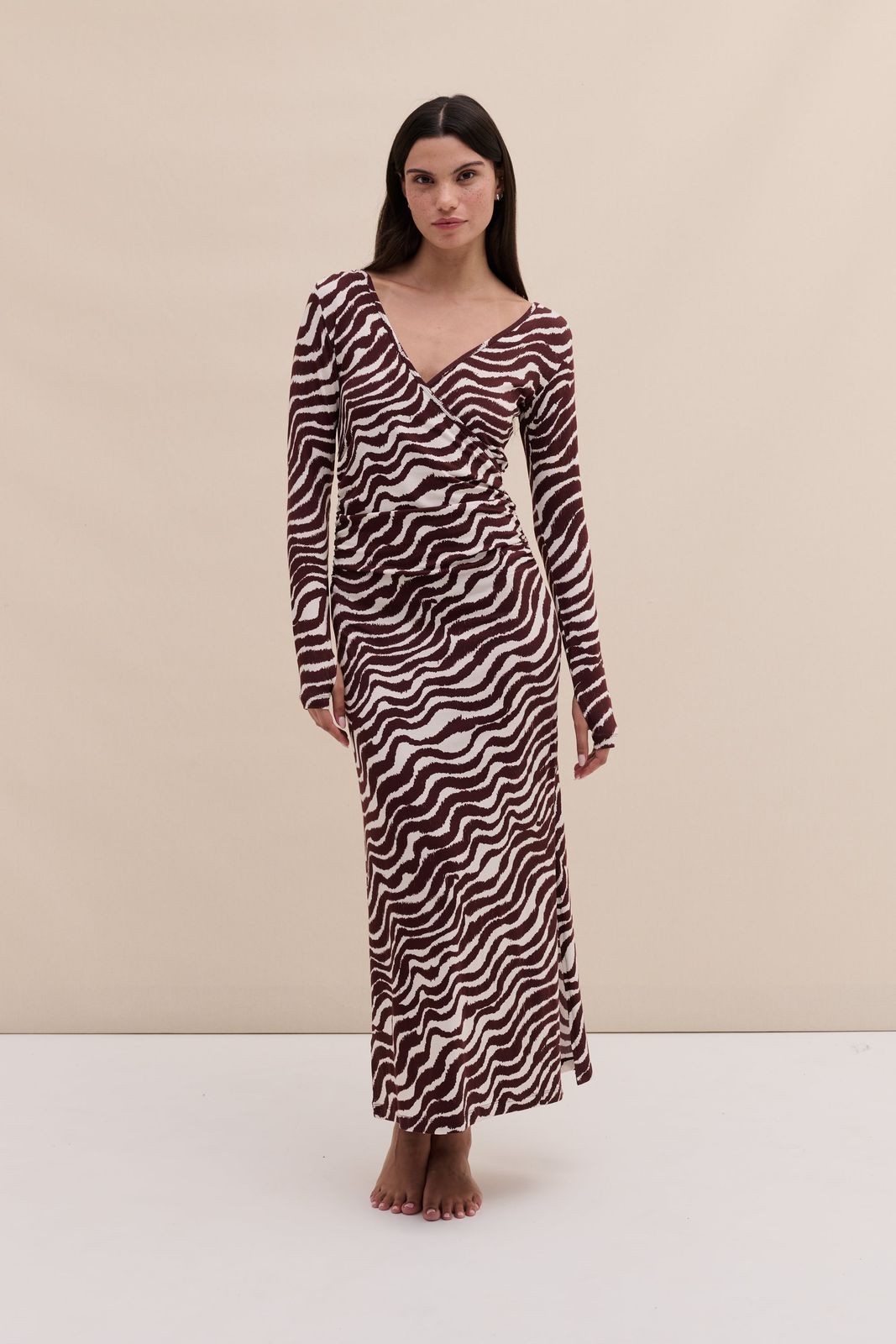 Lyocell Jersey Long Sleeve Wrap Nightie Tide Print Cocoa/Cream