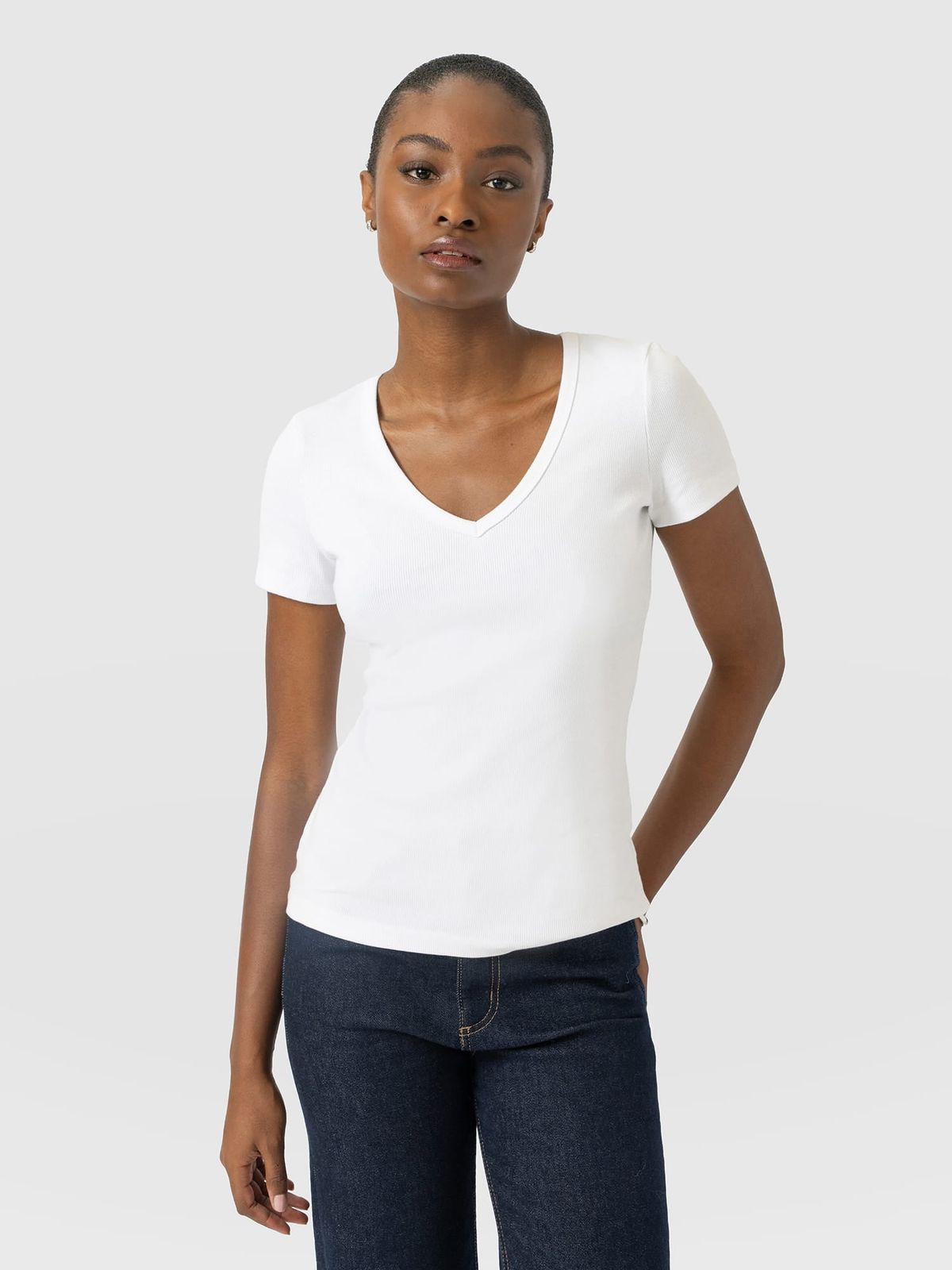Ribbed V Neck Short Sleeve Tee - White