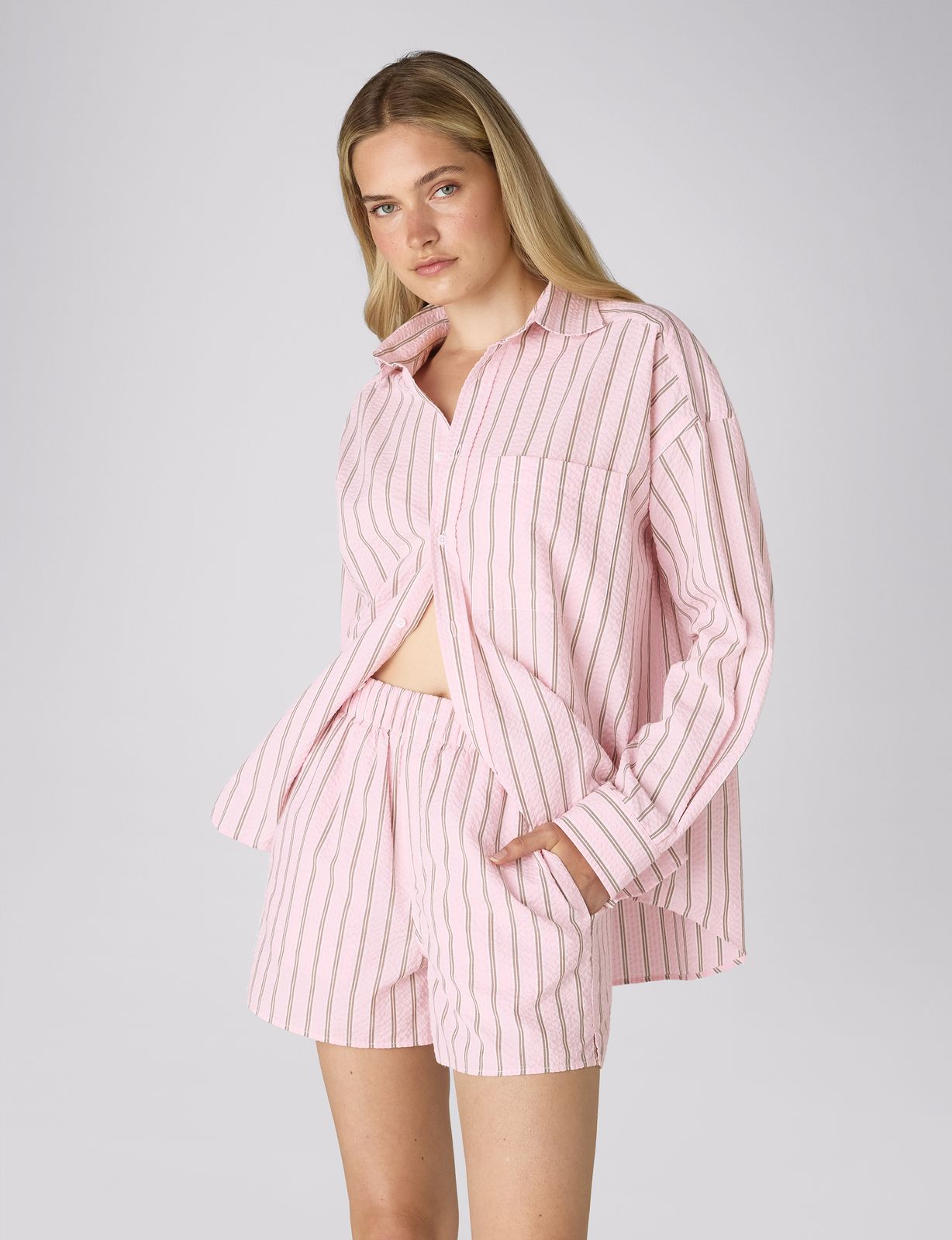 The Set: Seersucker, Pale Pink And Mocha Multi Stripe Shirt & Boxer