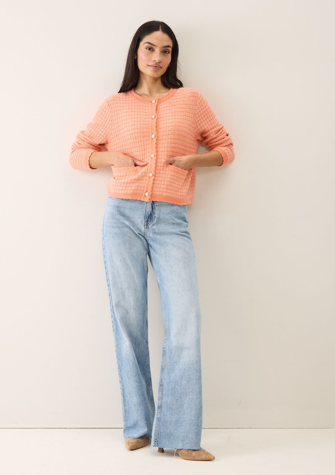 Crew Neck Cardigan In Devoted Peach