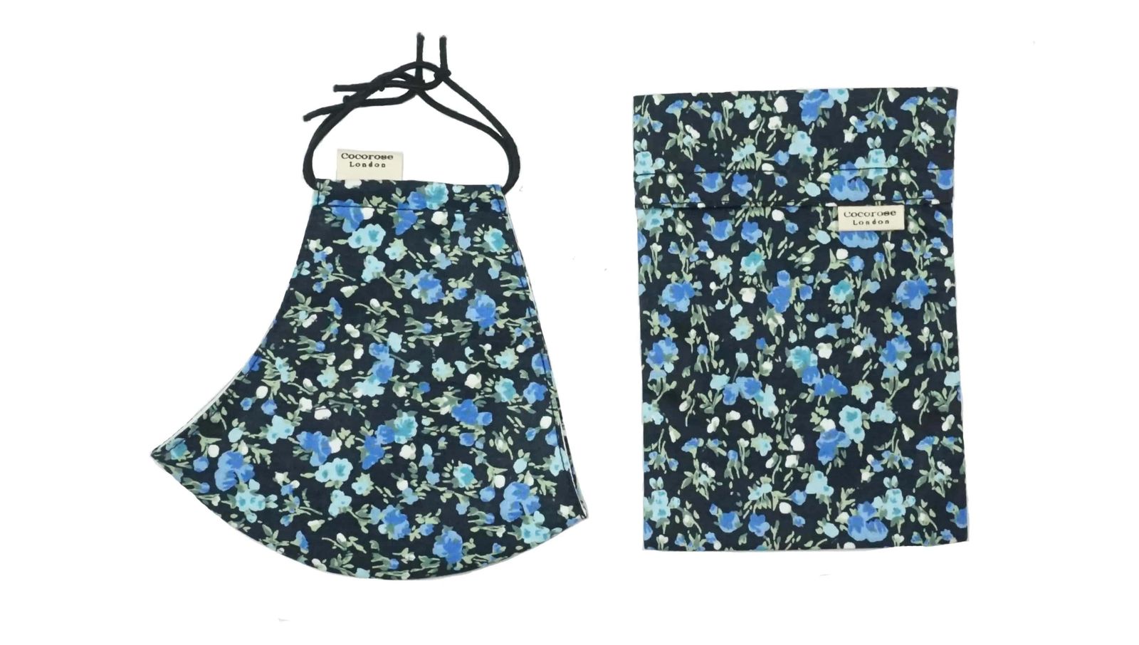 Cotton Face Mask with Filter Pocket and Matching Pouch - Midnight Bluebells
