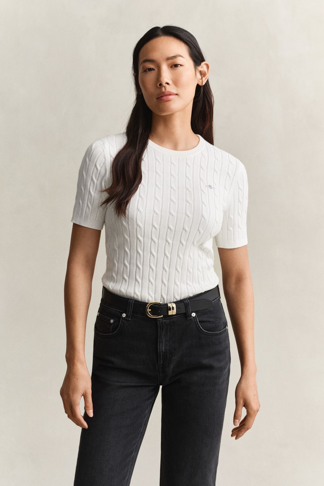 Stretch Cotton Cable Knit Short Sleeve Sweater - FADED BEIGE