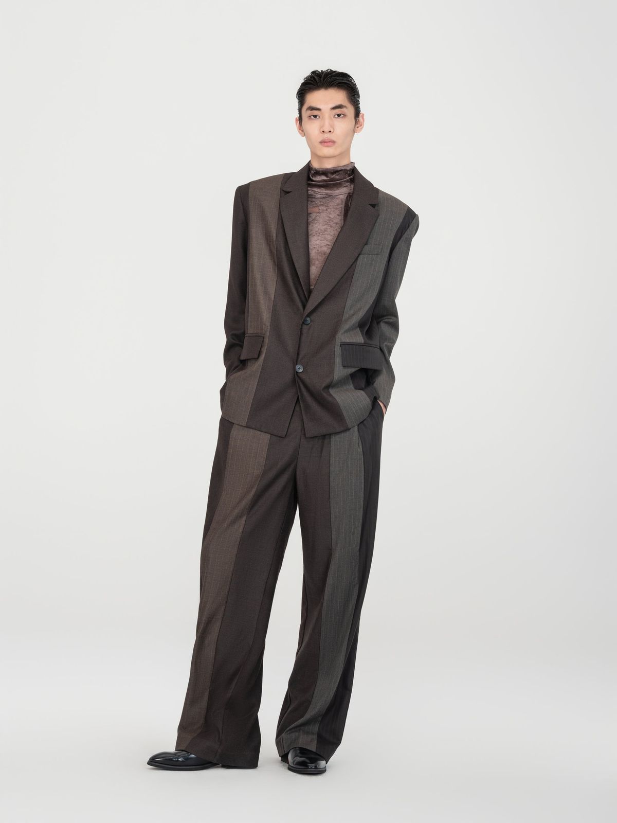 BROWN STRIPED AND SOLID PANELED TAILORED TROUSERS