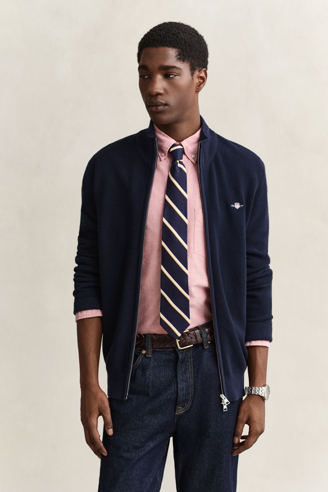 Textured Cotton Zip Cardigan - EVENING BLUE