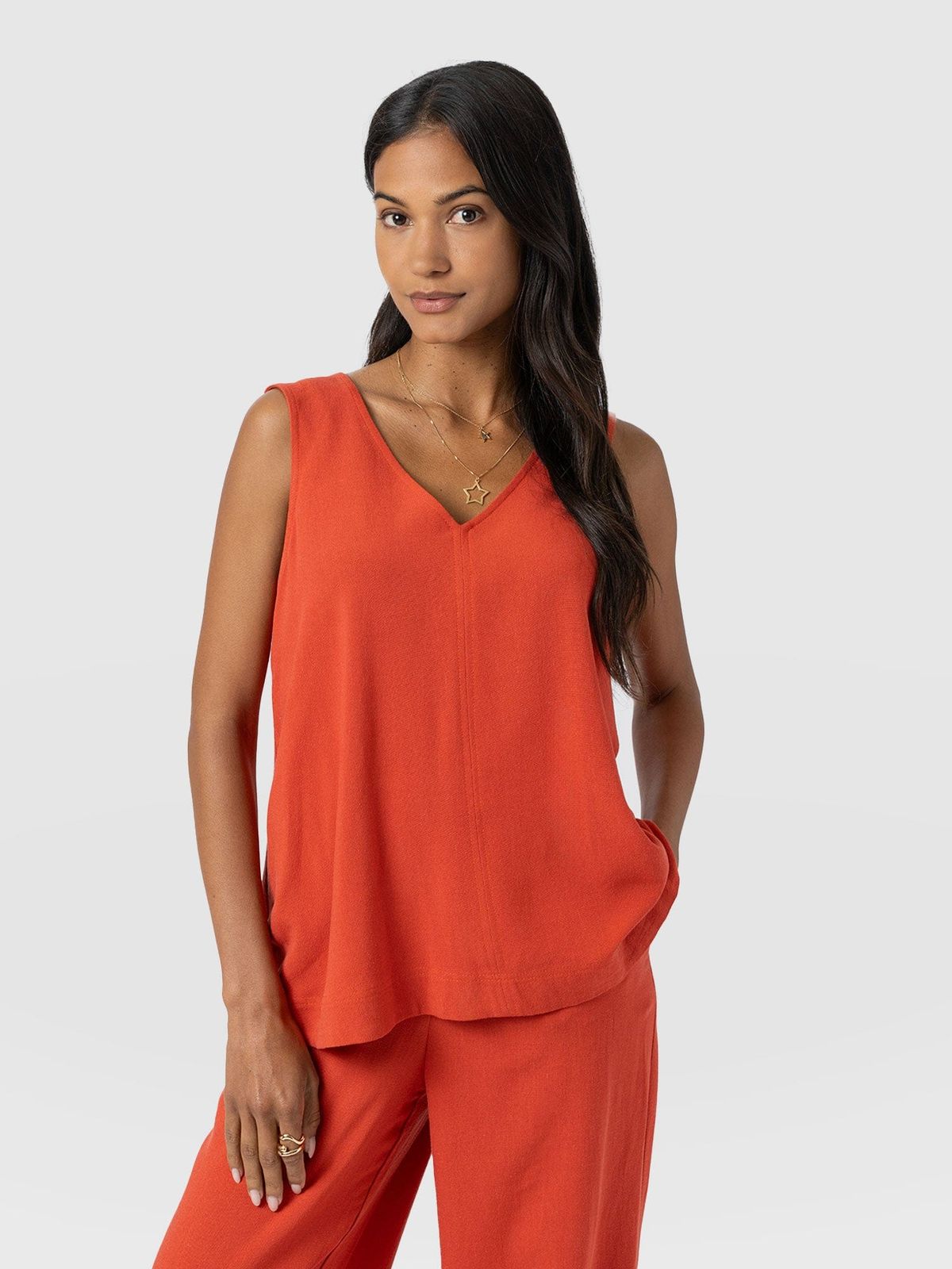 Corinne Linen V Neck Tunic - Burnt Orange