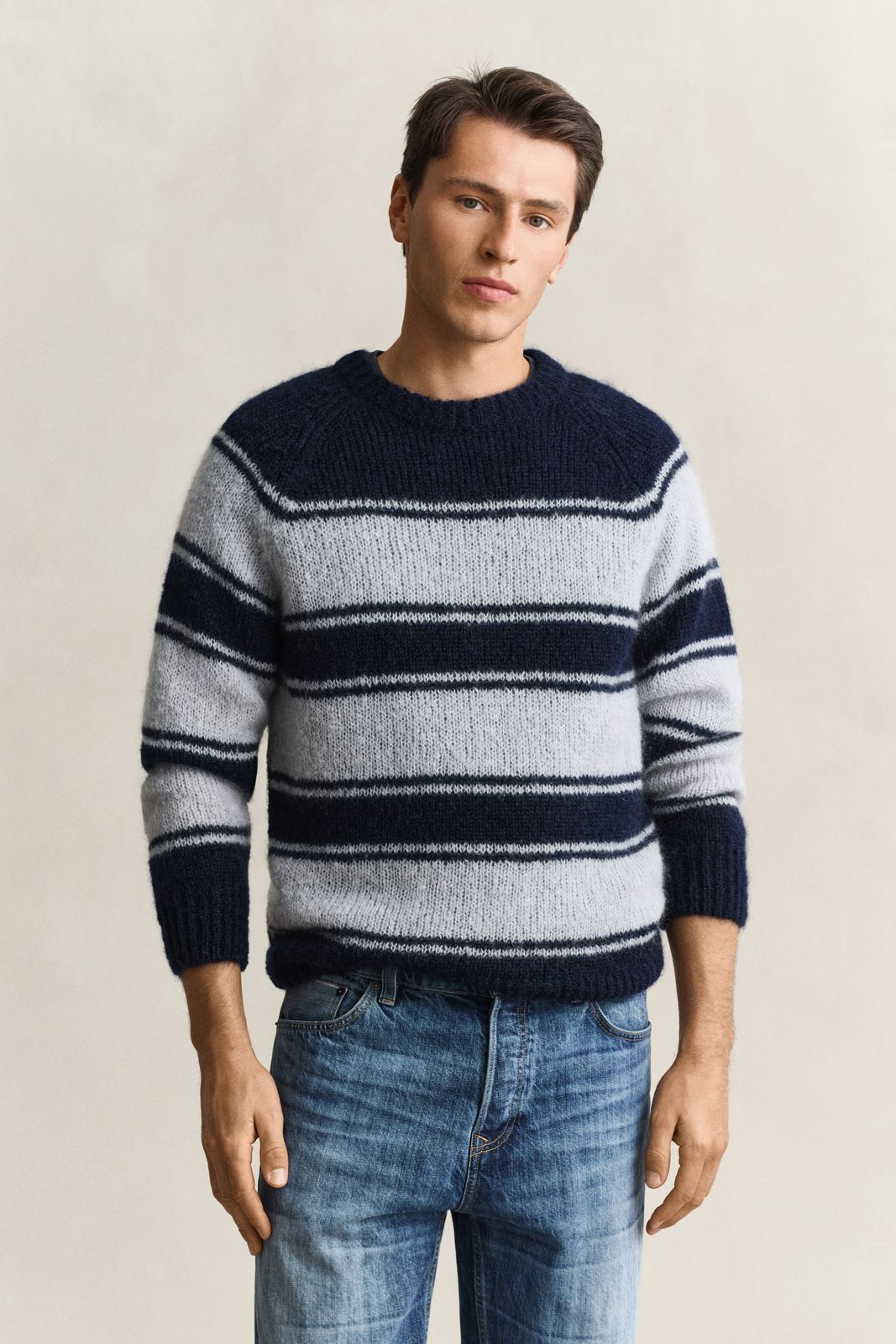 Striped Mohair Blend Crew Neck Sweater - EVENING BLUE