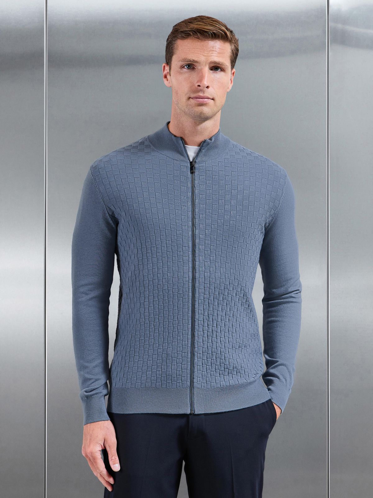 Square Textured Knitted Zip Jacket in Steel Blue