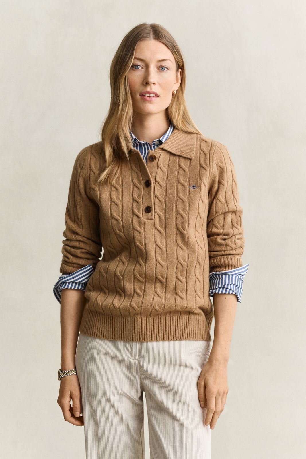 Lambswool Cable Knit Rugger - WARM KHAKI