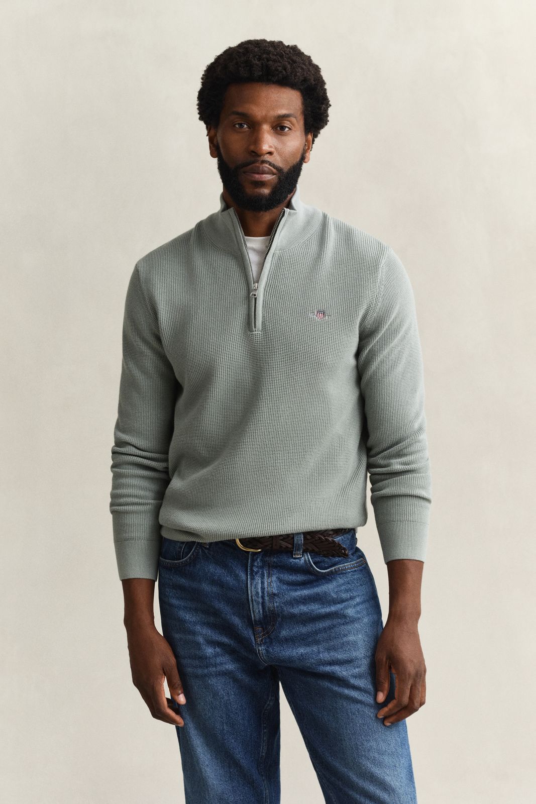 Textured Cotton Half-Zip Sweater - DK HAZELNUT MELANGE