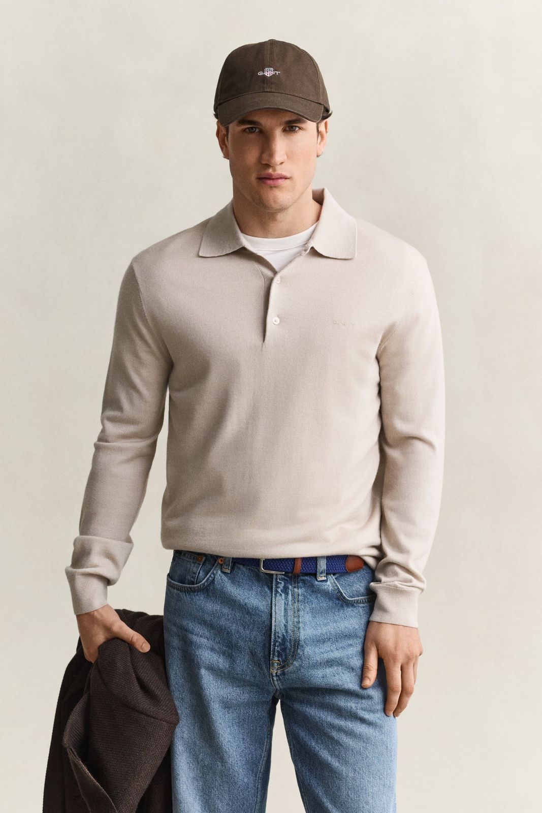 Extra Fine Merino Wool Polo Sweater - DK HAZELNUT MELANGE