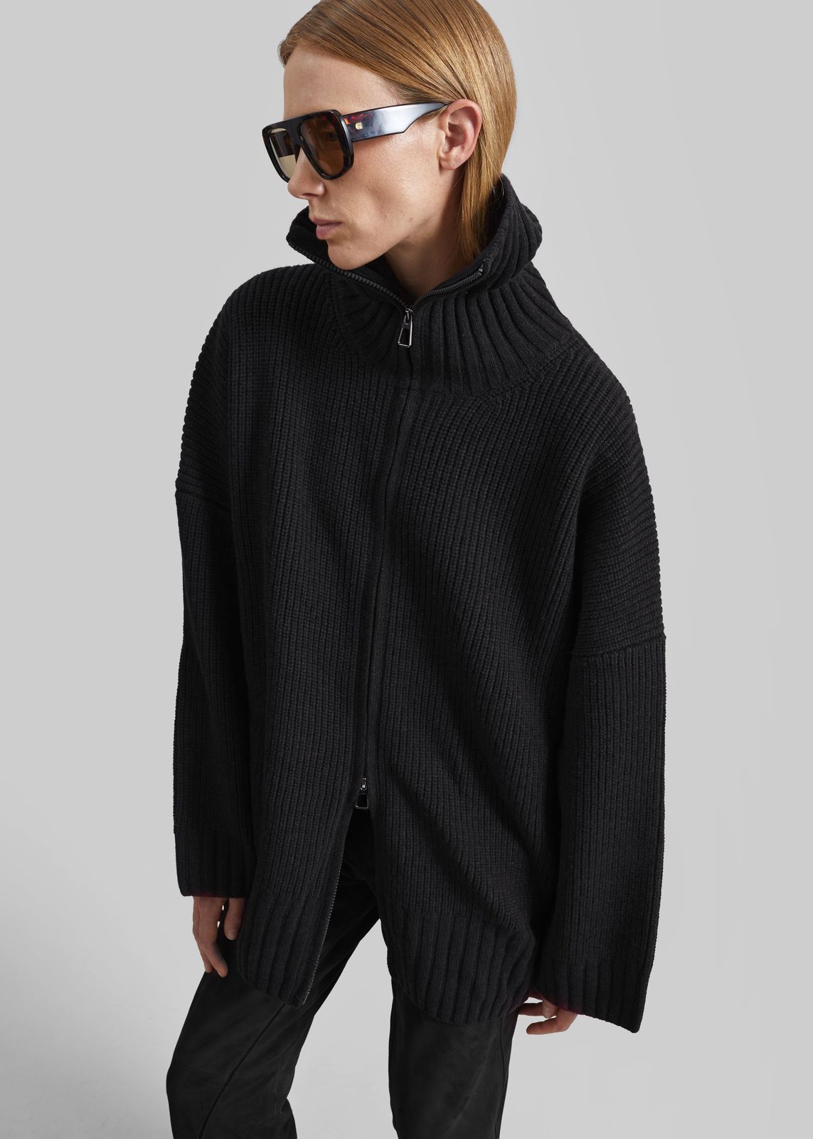 Veda Oversized Zip-Up Cardigan - Black