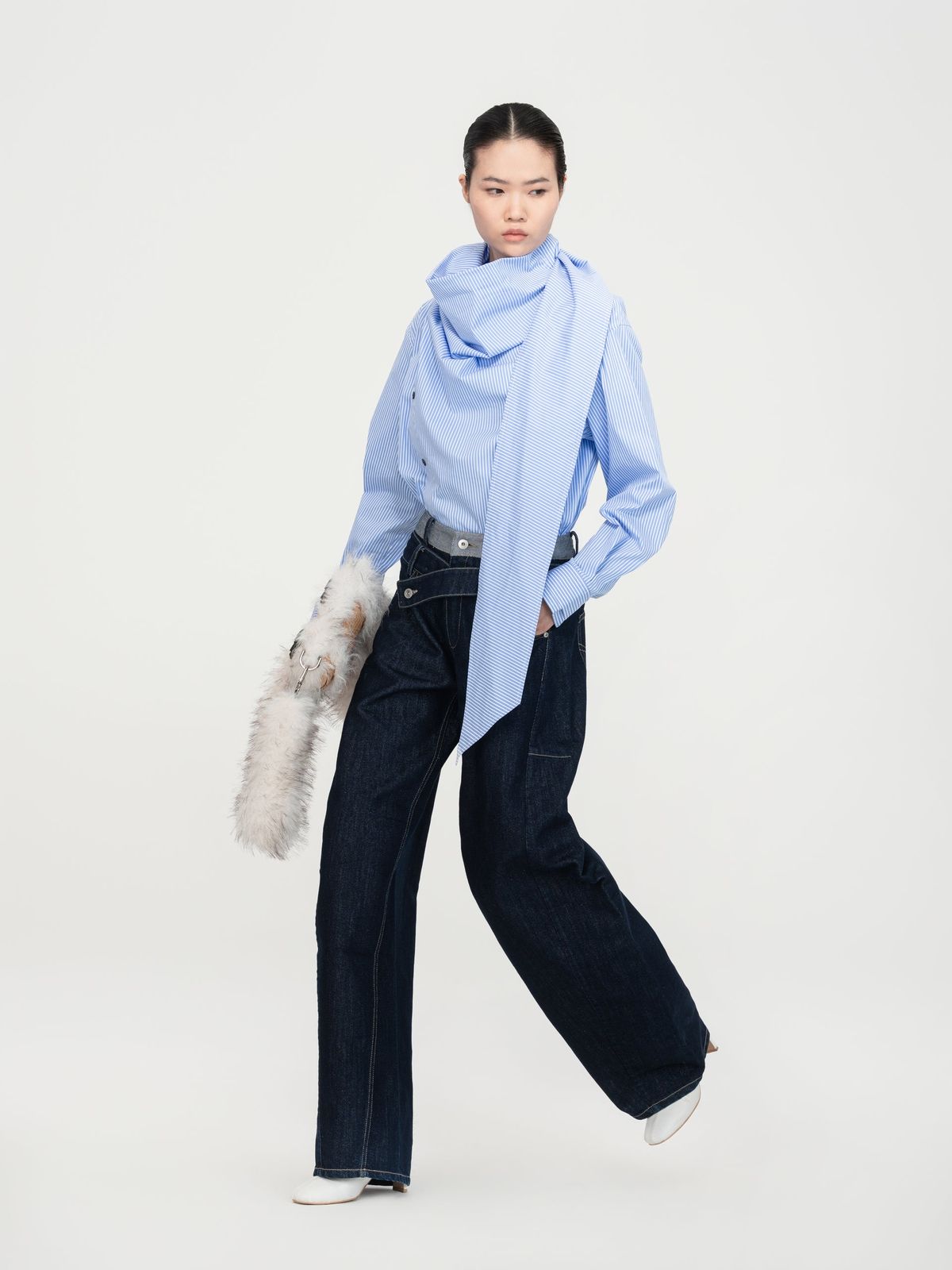 NAVY METALLIC DOUBLE WAISTBAND DENIM PANTS