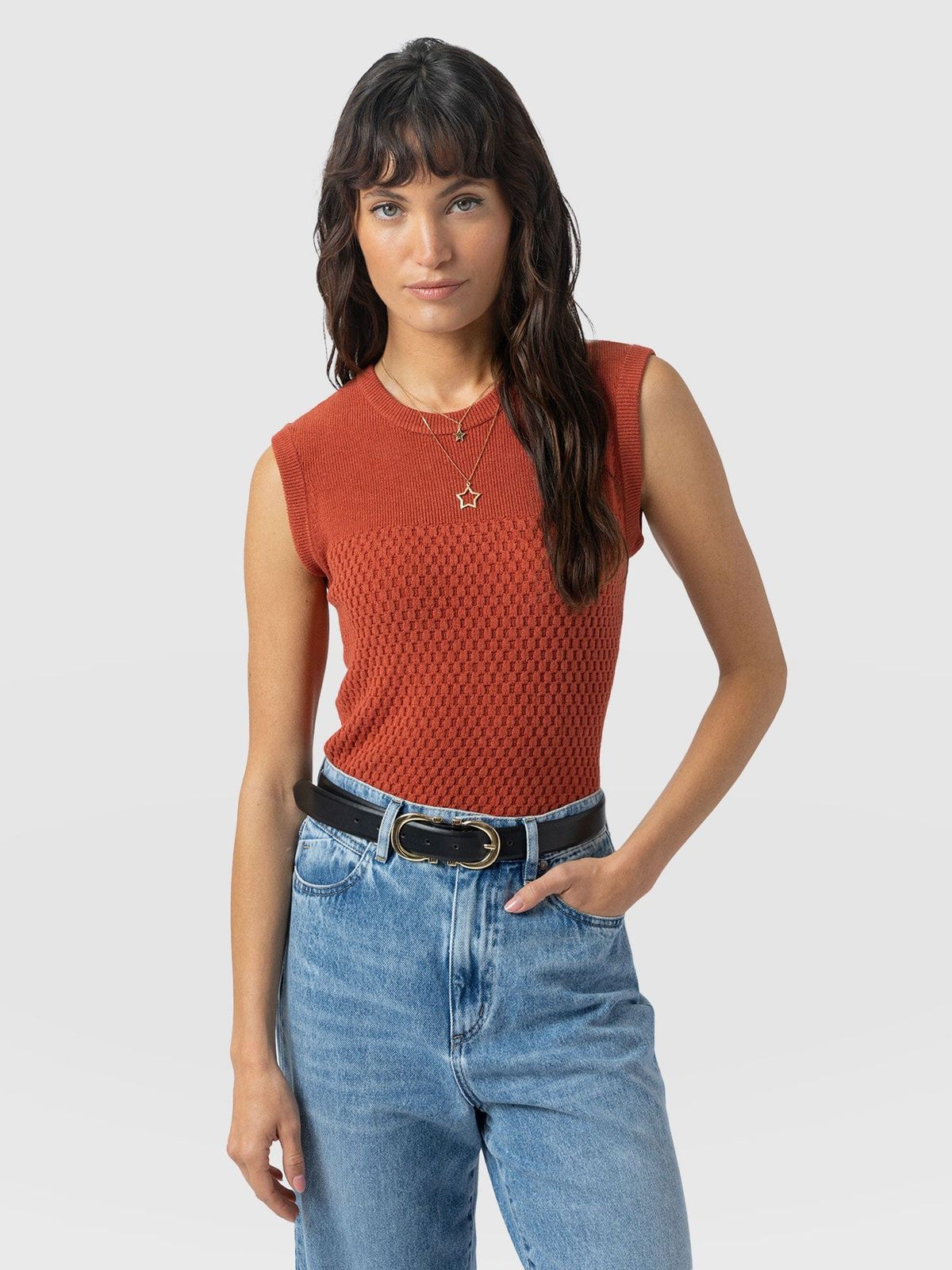 Honeycomb Sleeveless Rib Knit - Burnt Orange
