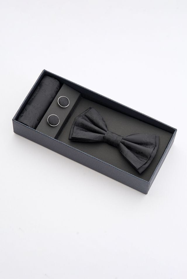 Classic Black Bow Tie Set With Pocket Square & Cufflinks