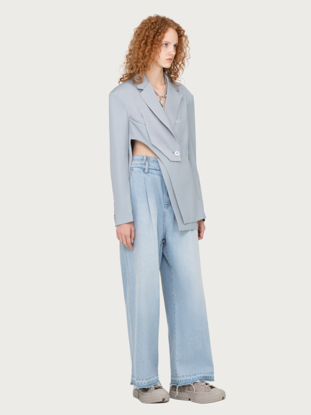 GREY SATIN AND WOOL DECONSTRUCTED SUIT JACKET