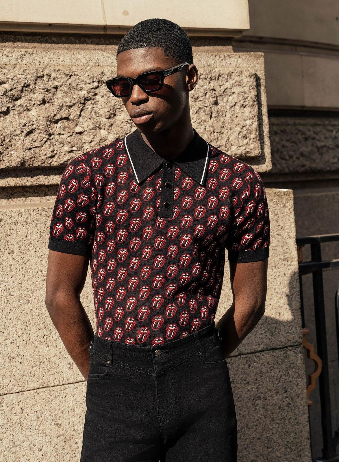 Phix X Rolling Stones Black Knitted Tongue Pattern Polo