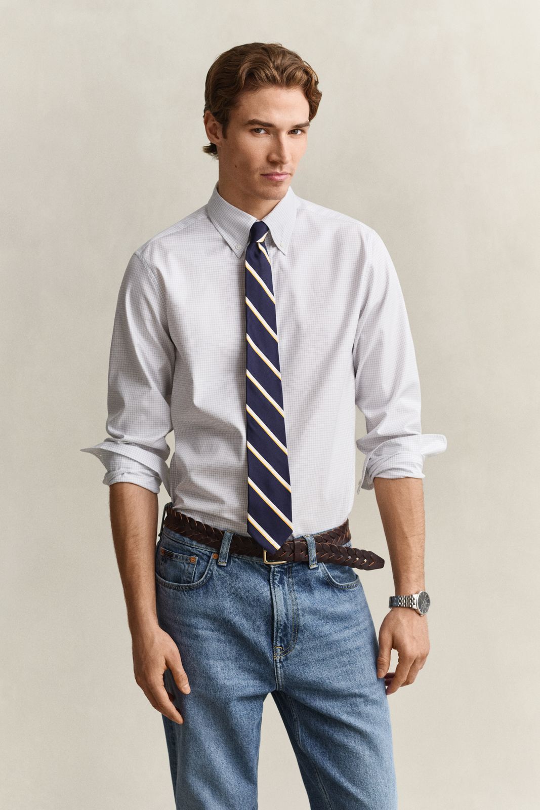 Checked Twill Dress Shirt - WHITE