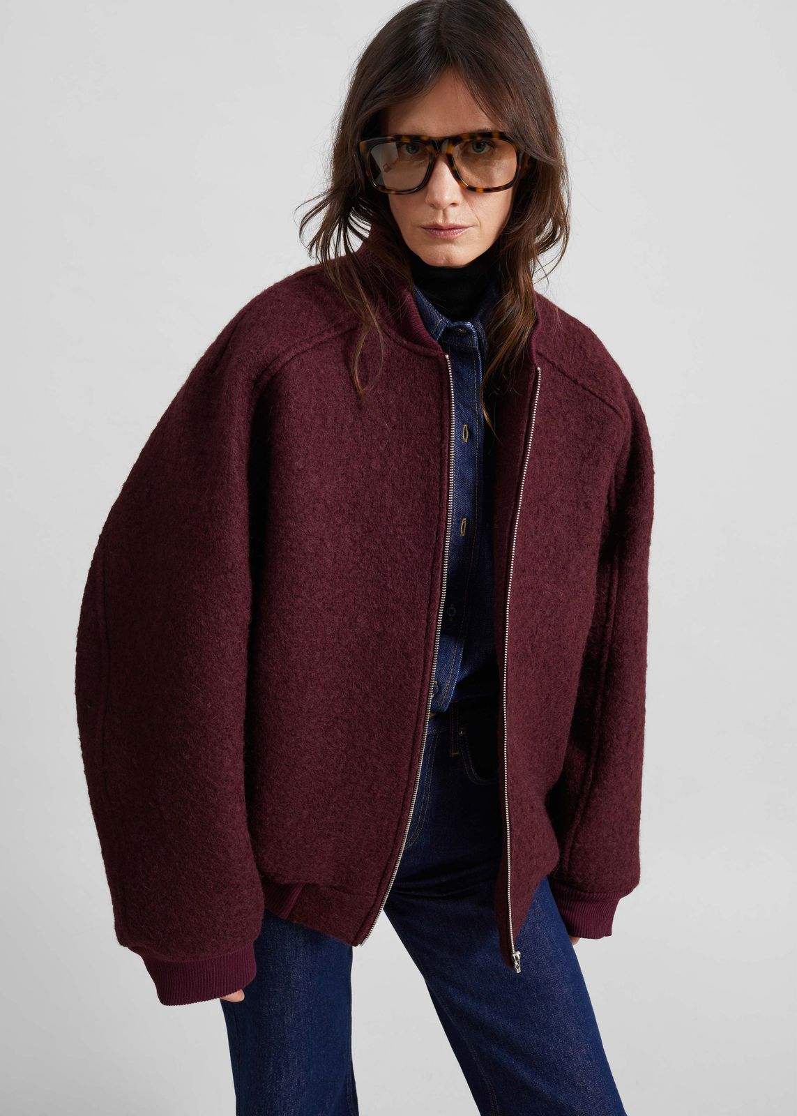 Elinor Boucle Oversized Bomber Jacket - Burgundy