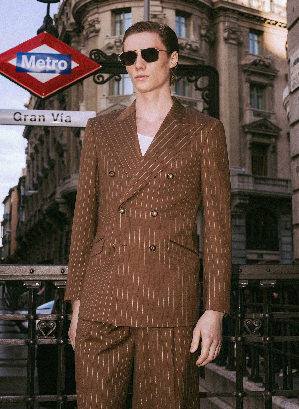 Brown Metallic Pinstripe Double Breasted Wool Blazer