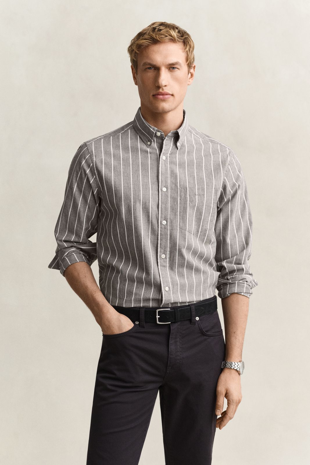 Striped Mélange Poplin Shirt - GREY MELANGE