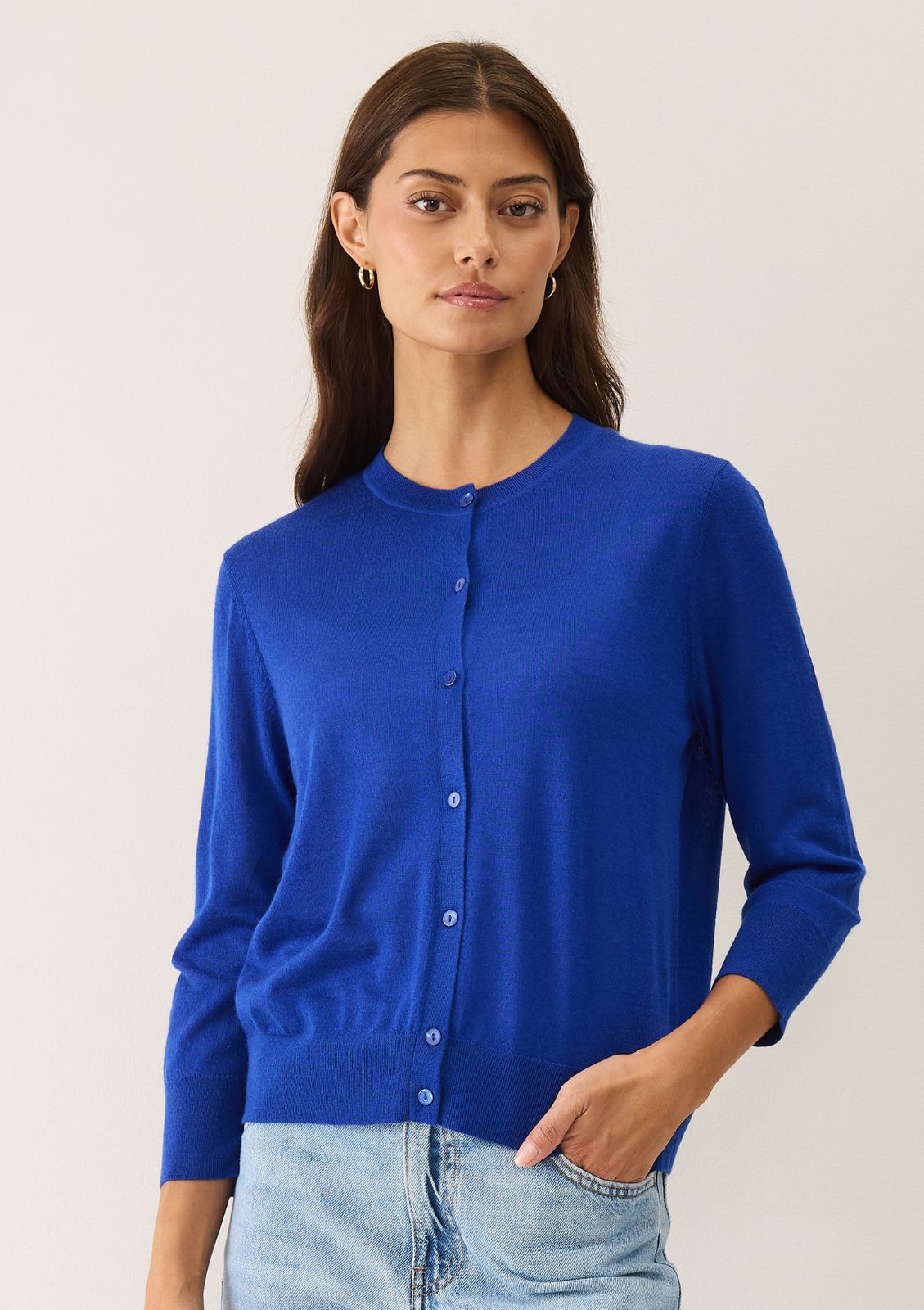 3/4 Sleeve Crew Neck Cardigan In Regatta Blue