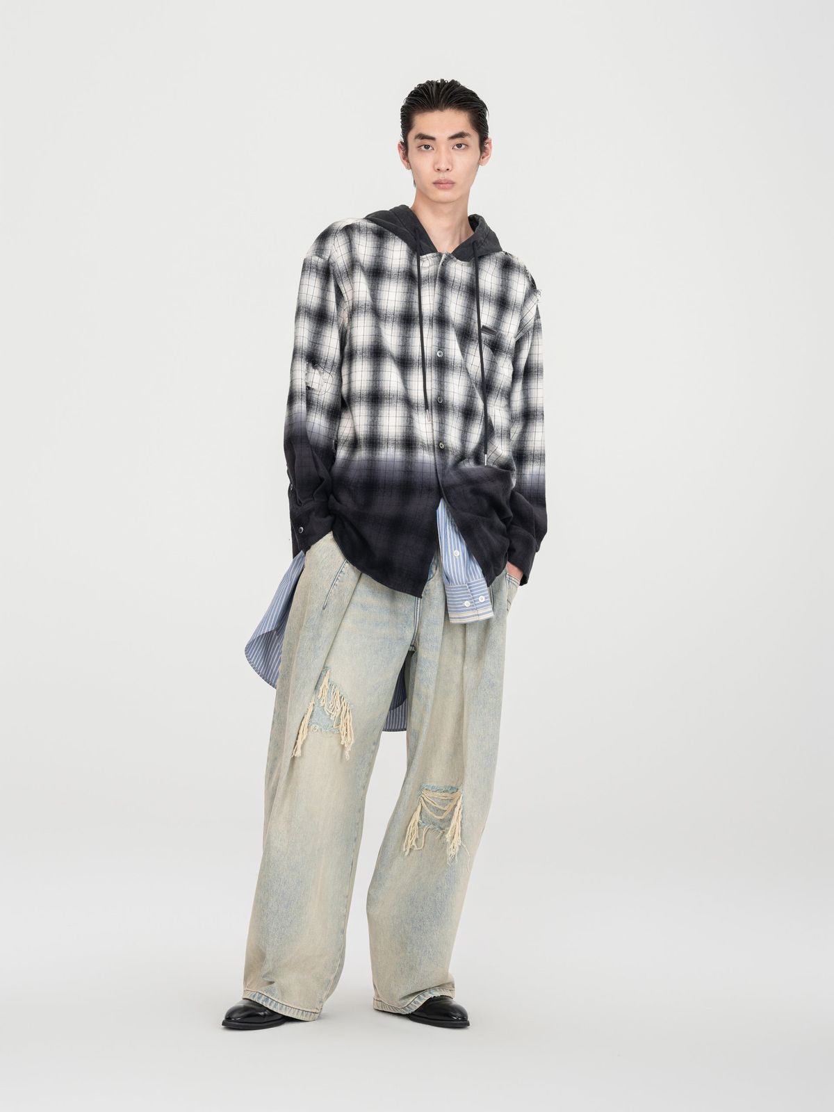 BLACK AND GREY PLAID SHIRT