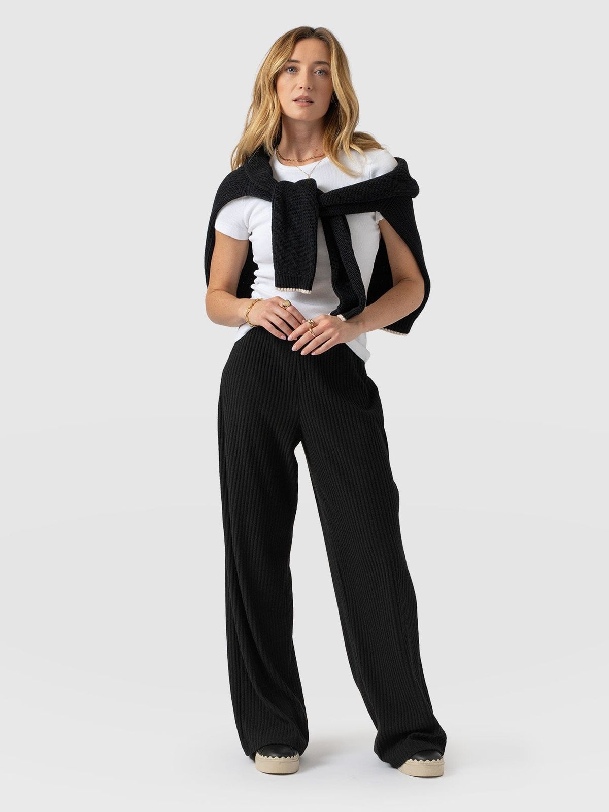 Hoxton Wide Leg Pant - Black Rib