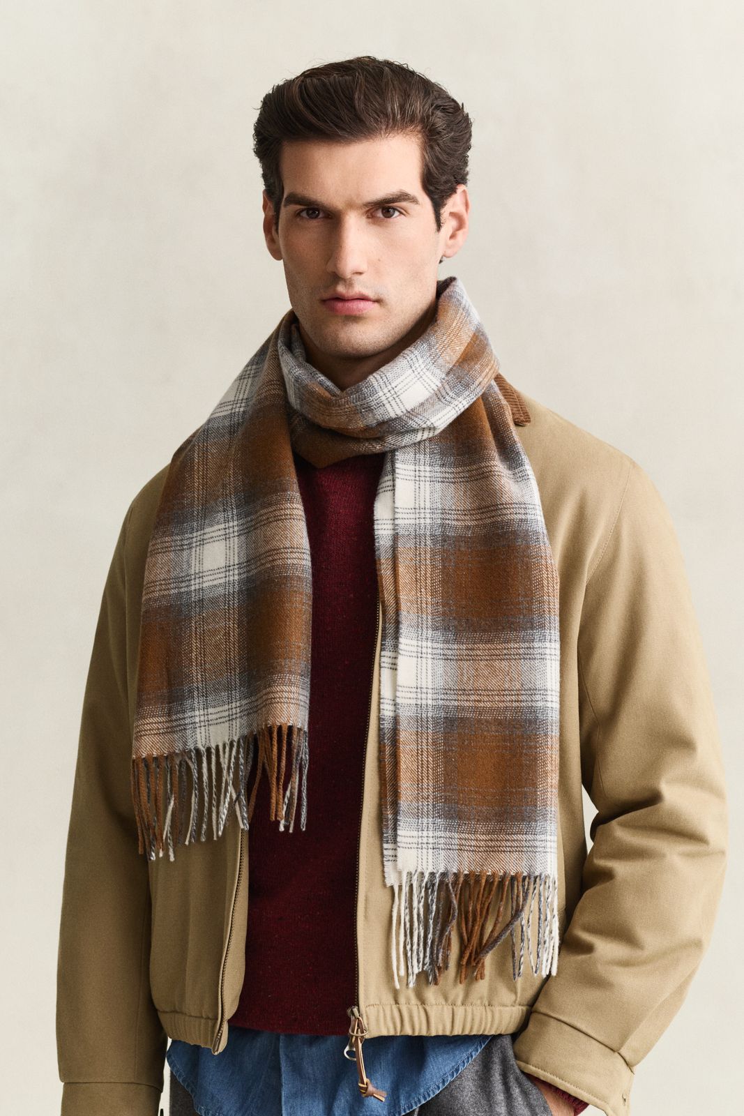 Checked Wool Scarf - CARAMEL BROWN