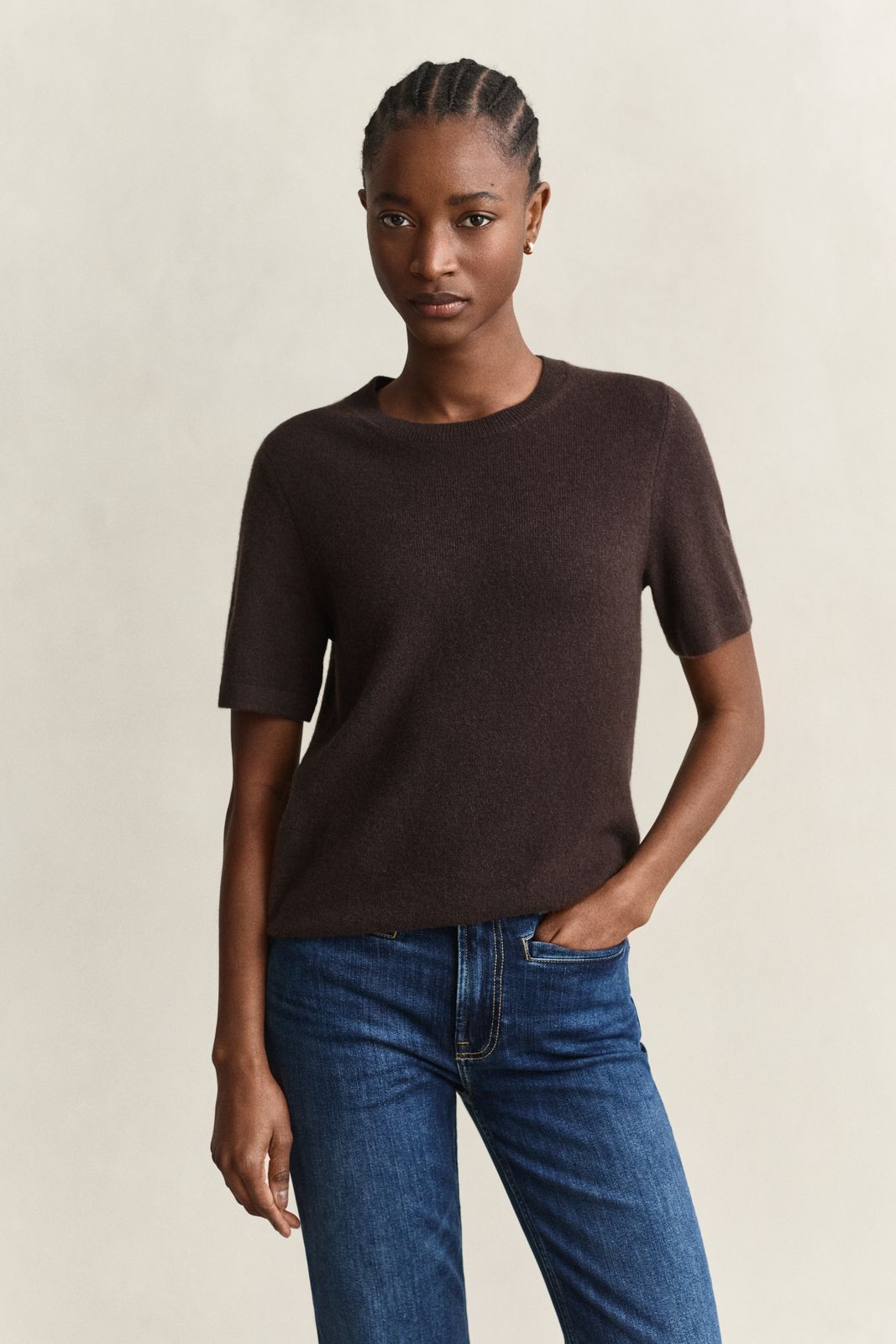Cashmere Short Sleeve Sweater - DEEP BROWN