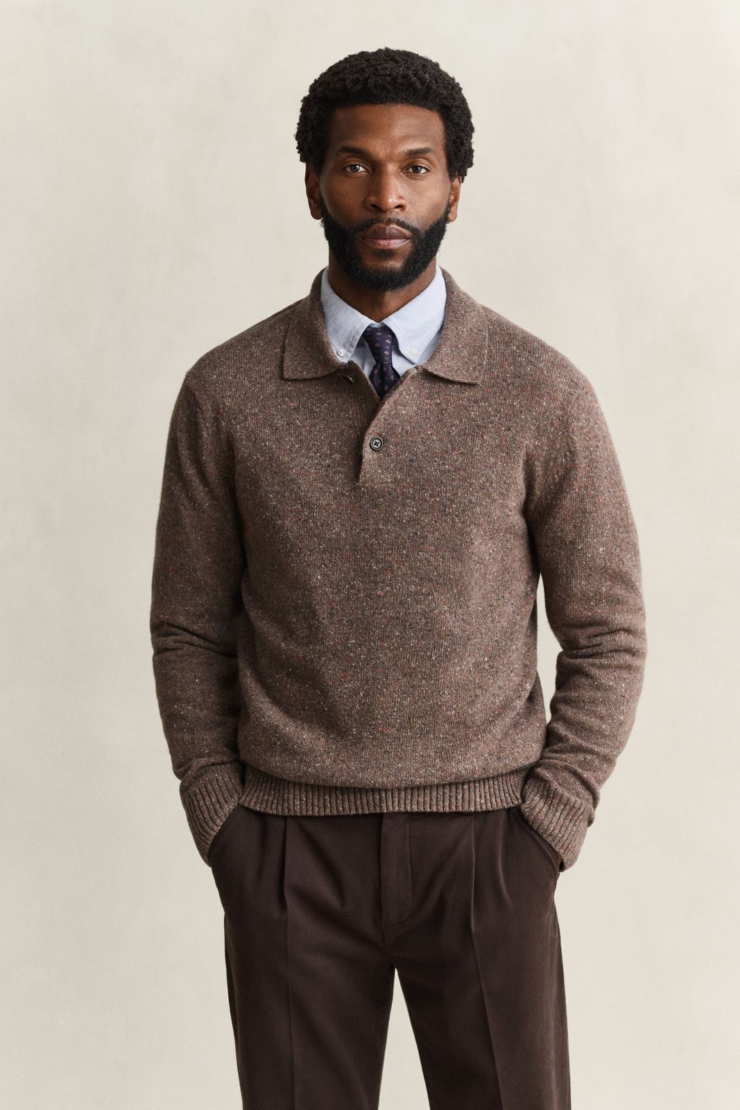Wool Blend Nepps Polo Sweater - EVENING BLUE